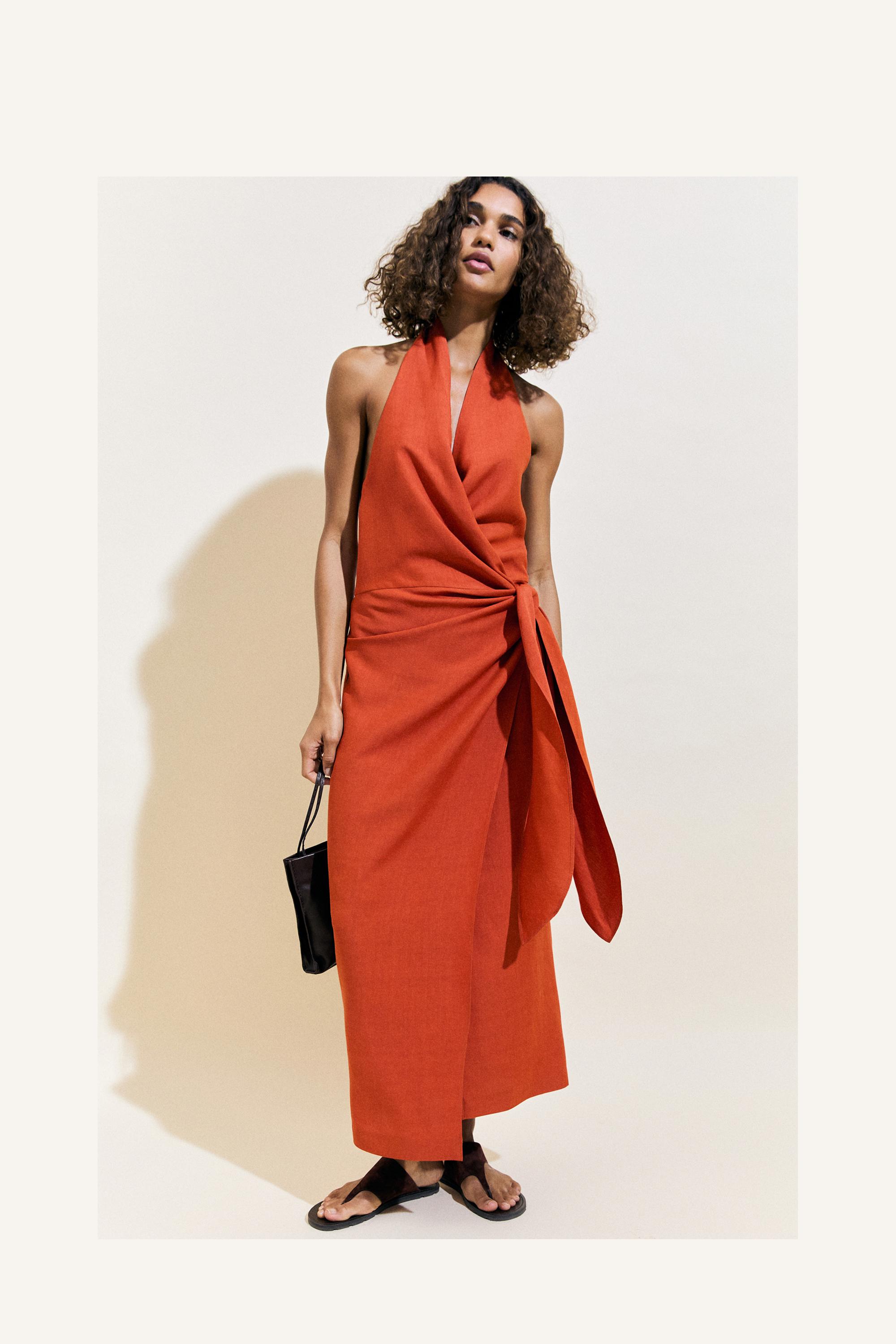 Draped midi dress with bow detail — COPPER