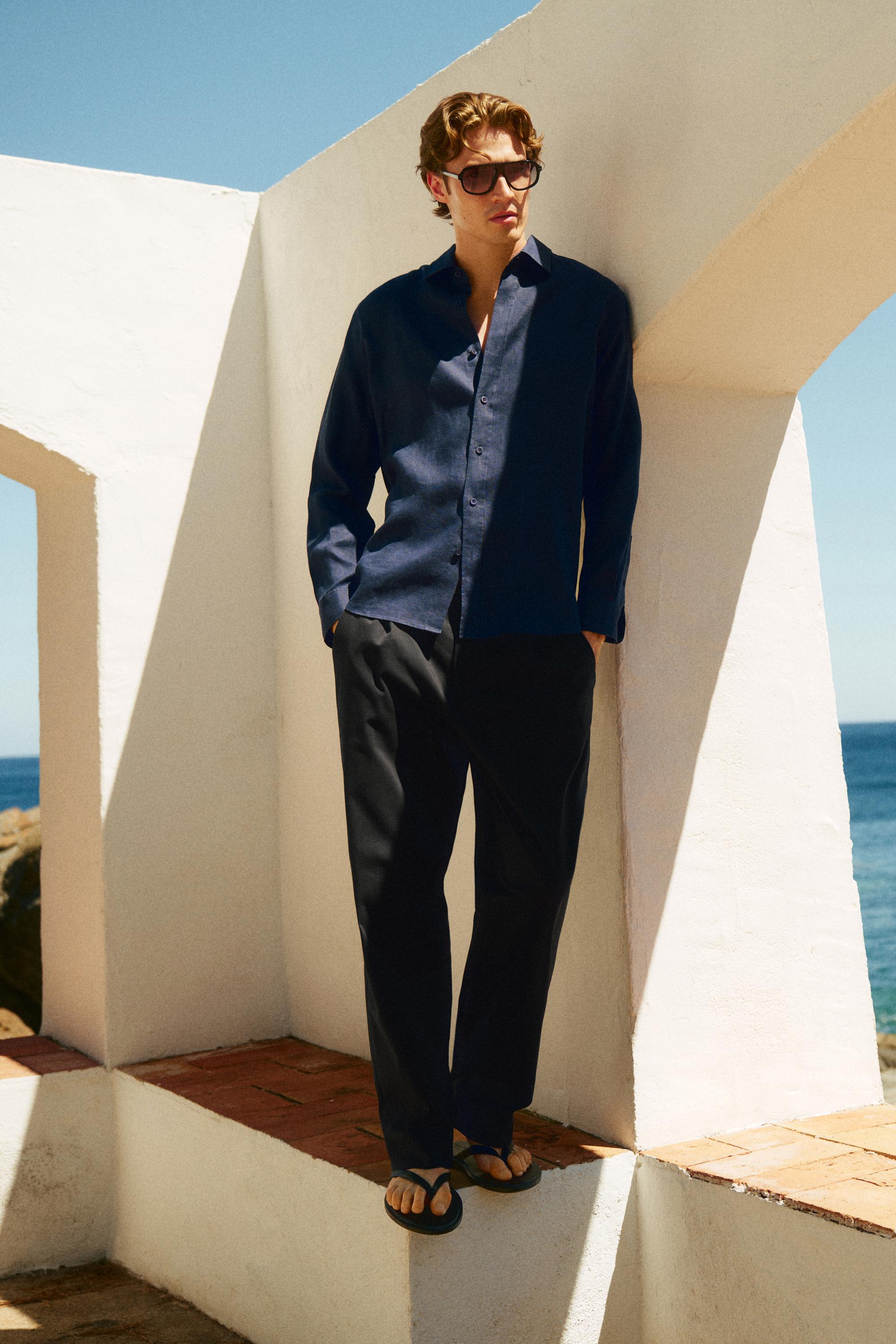 Slim fit 100% linen shirt — DEEP BLUE