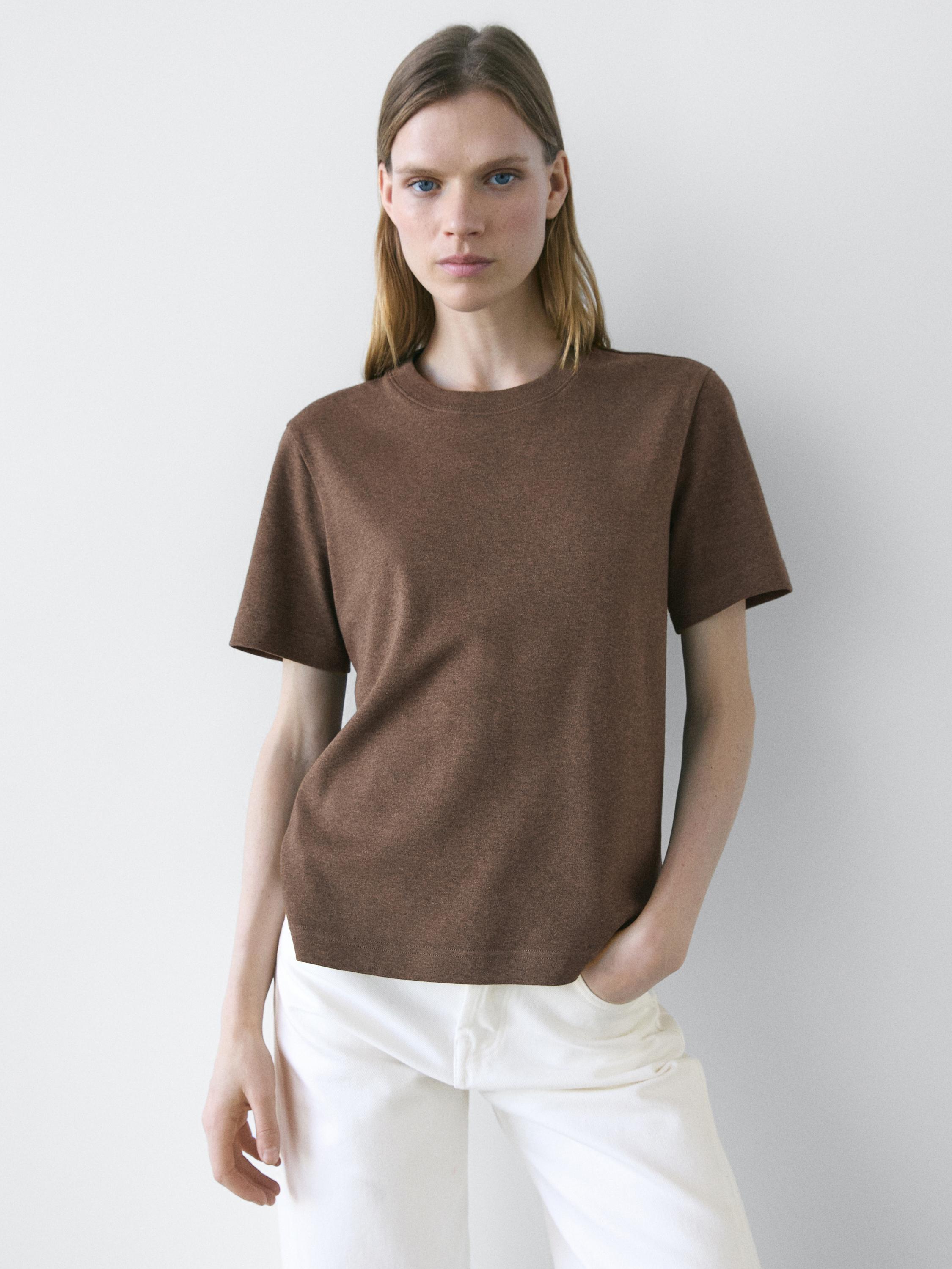 100% cotton interlock crew neck T-shirt — BROWN MARL