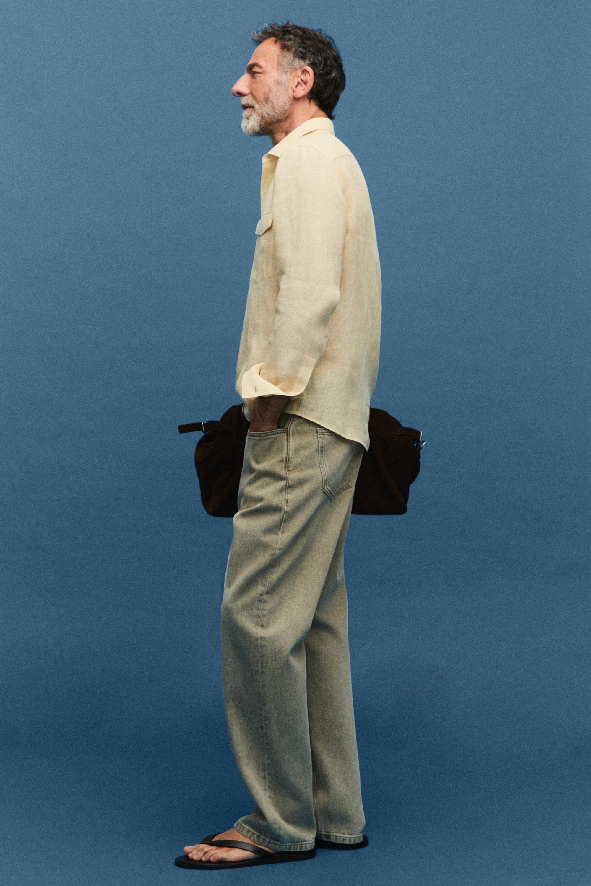 Regular fit 100% linen shirt with pockets — YELLOW