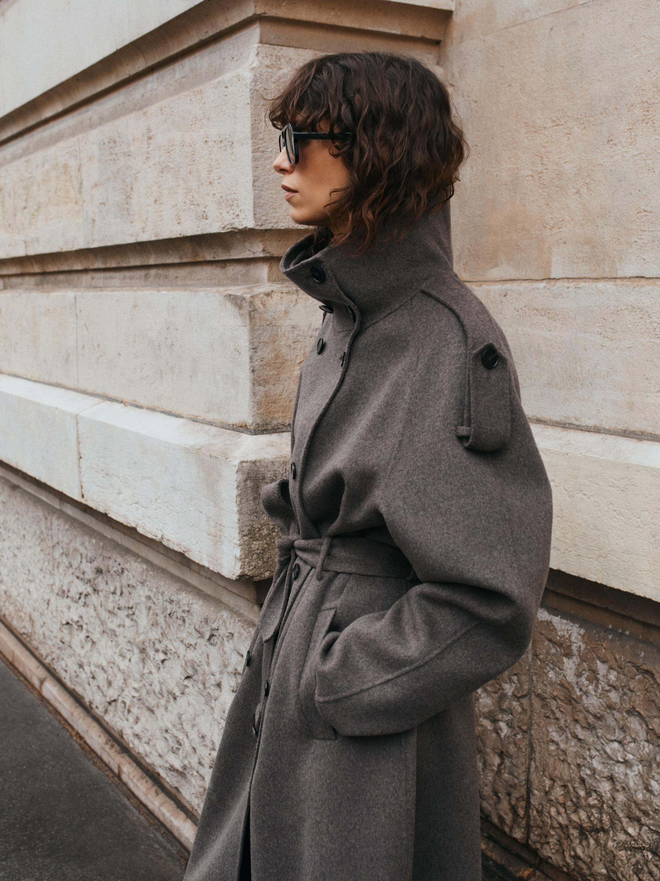 Long wool blend trench coat with belt