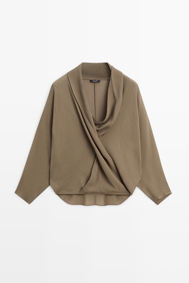 Flowing wrap blouse with draped neckline — DARK KHAKI 2
