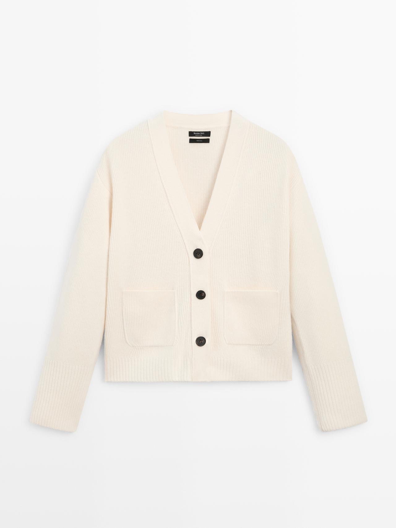 Massimo Dutti - Dame - Strikket Cardigan I 100% Uld Med Lommer - Råhvid - Xs