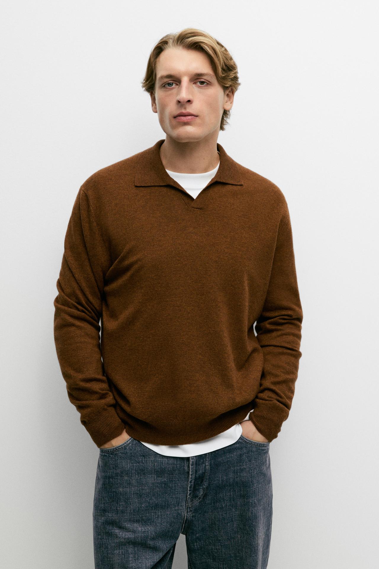 Wool blend knit polo sweater — COPPER