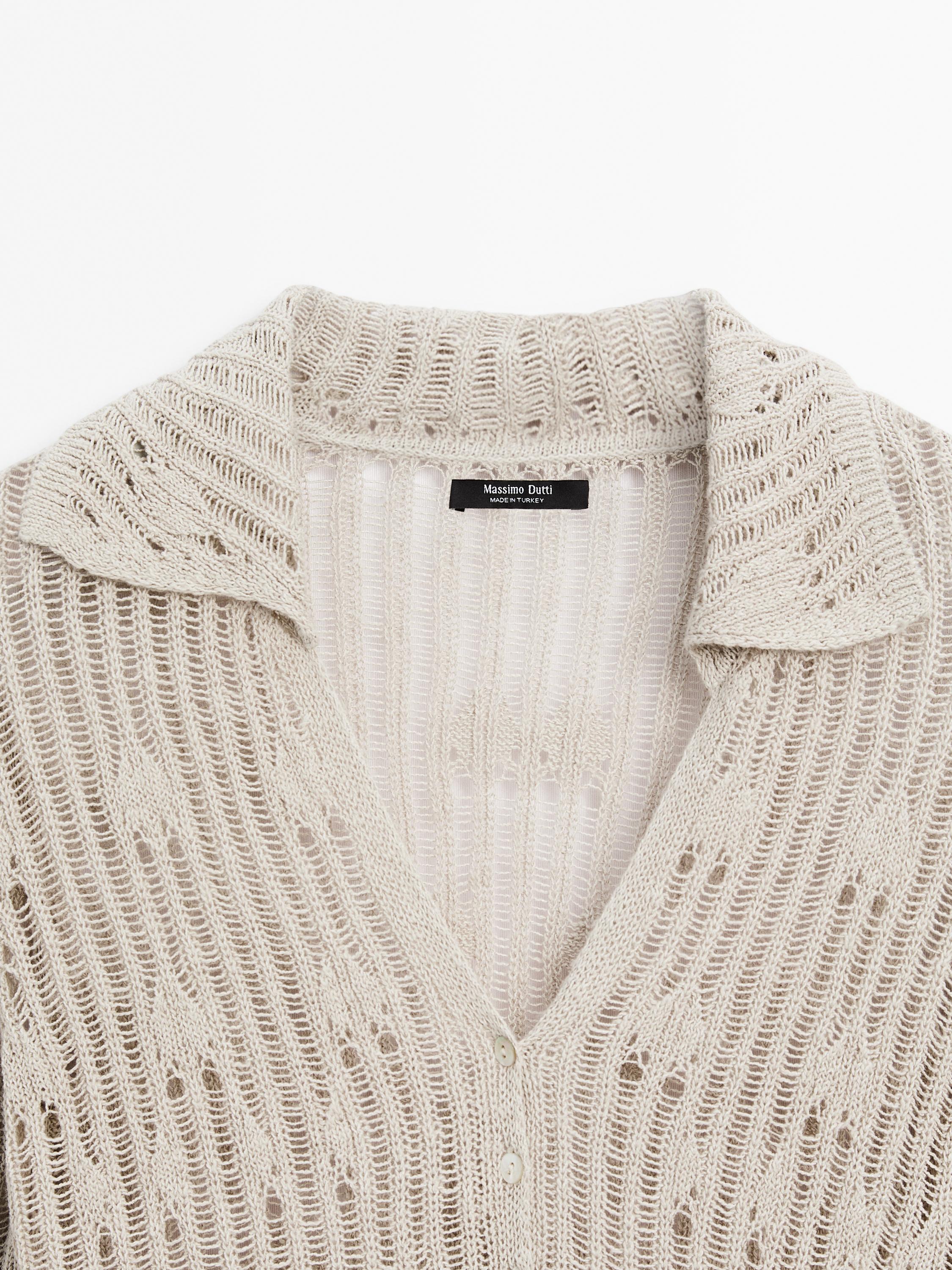 Cutwork cardigan with polo collar