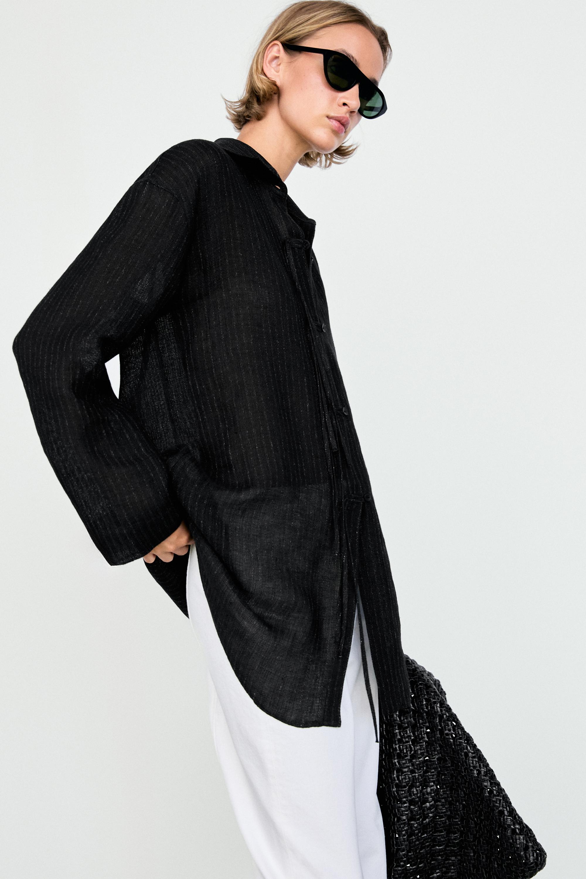 Striped linen blend oversize blouse with button detail — BLACK