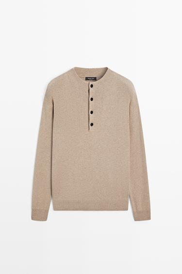 Buttoned mock neck knit sweater — GOLDEN BROWN 2