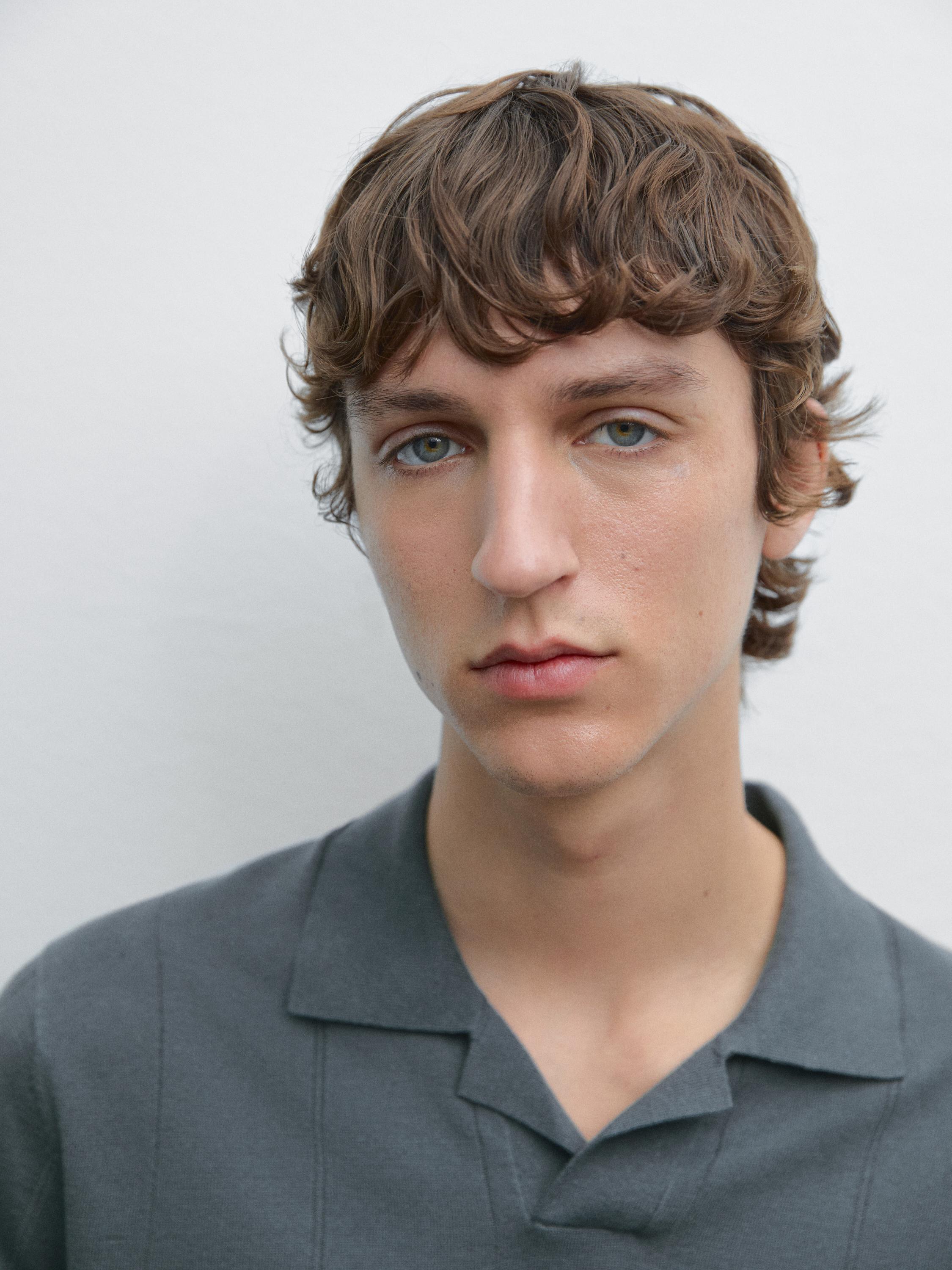 Striped linen blend knit polo shirt