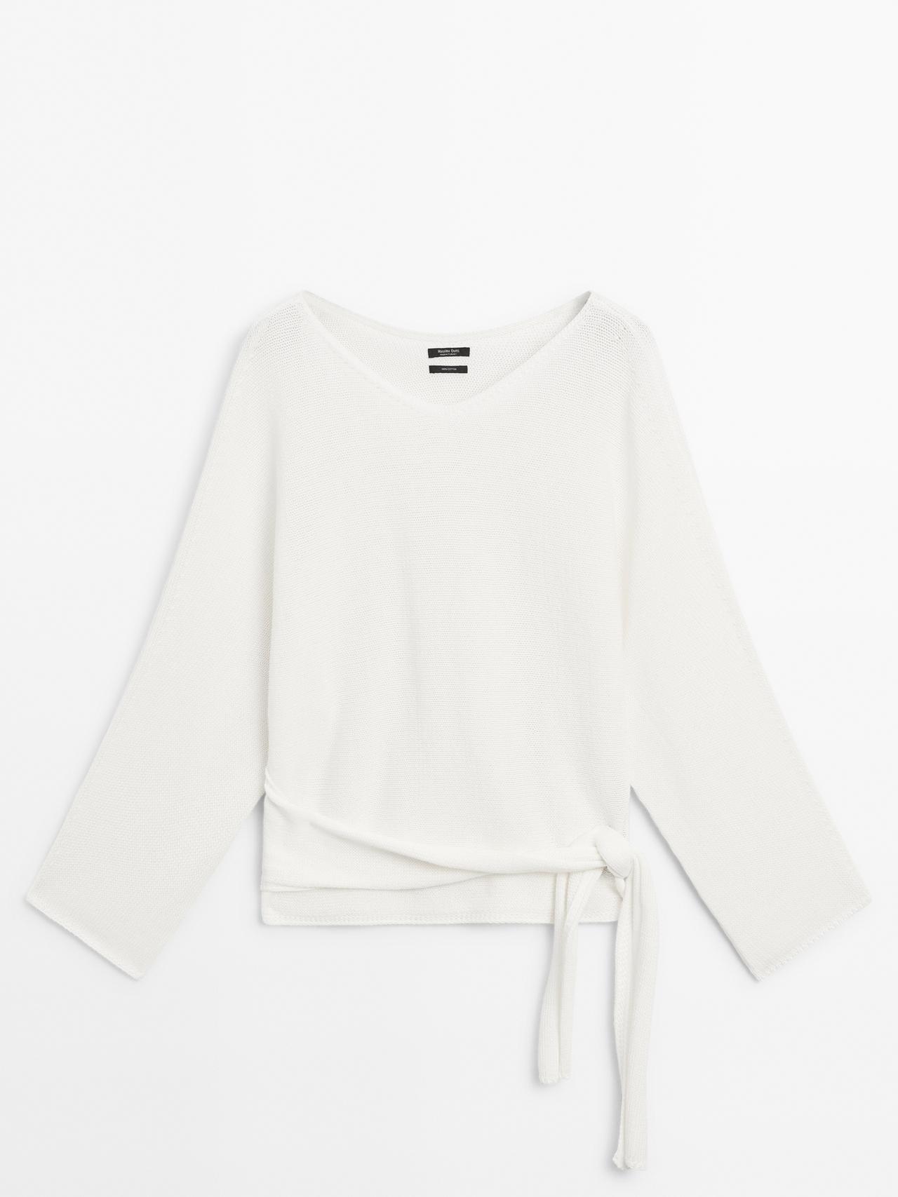 Massimo Dutti - Dame - Trøje I Strik Med Bindedetalje - Hvid - M