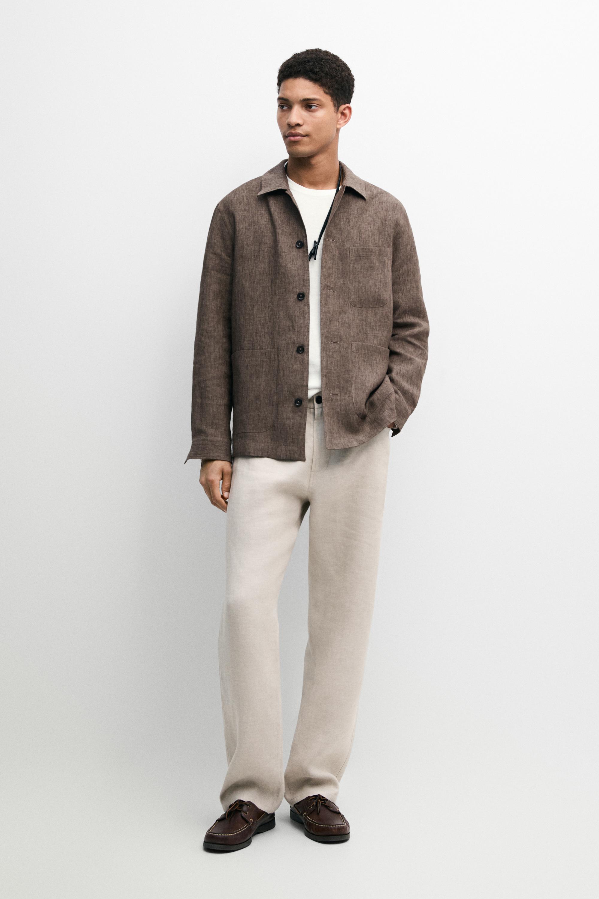Faded linen overshirt with pocket details — BROWN