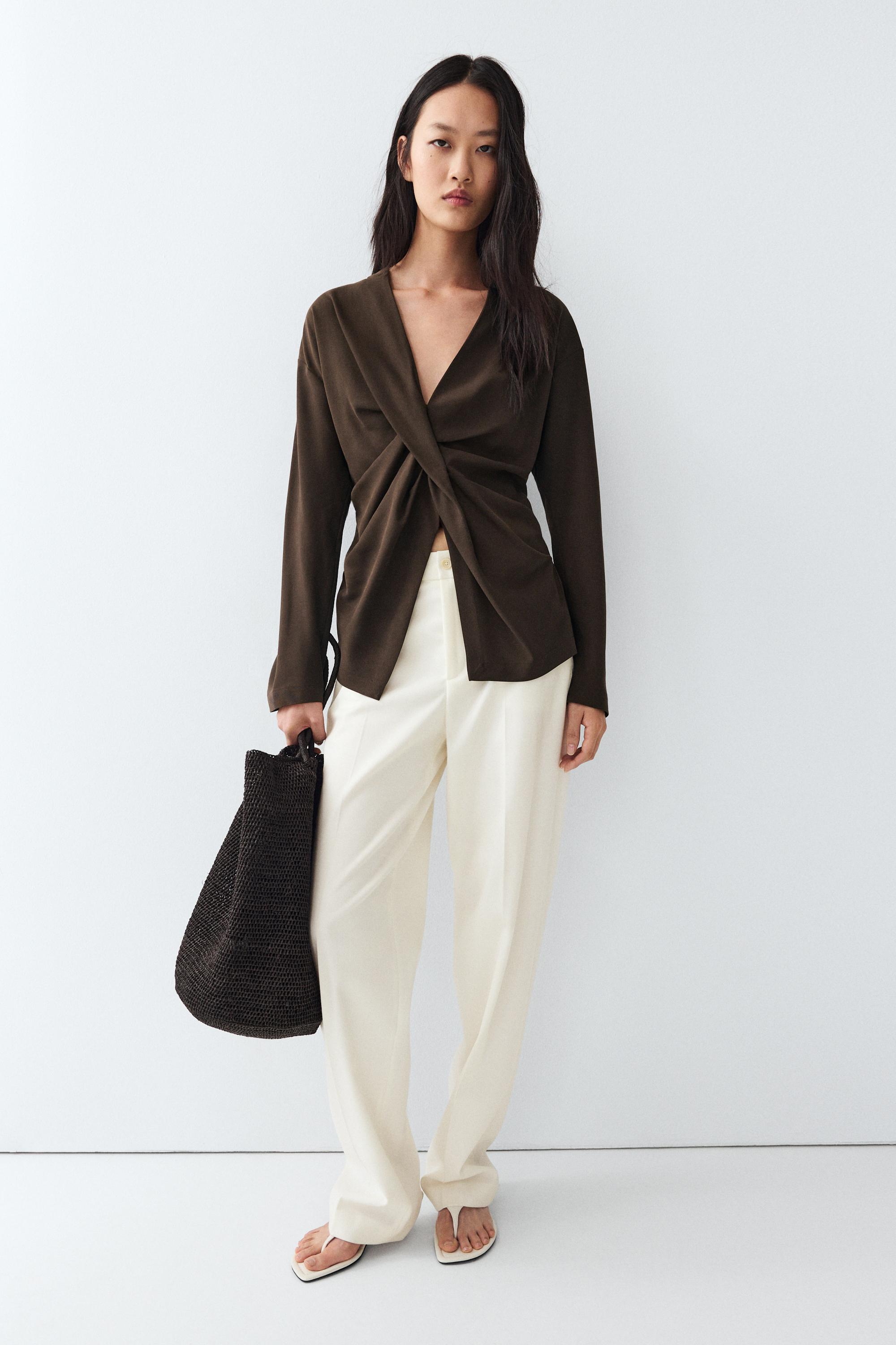 Flowing blouse with draped detail — BROWN