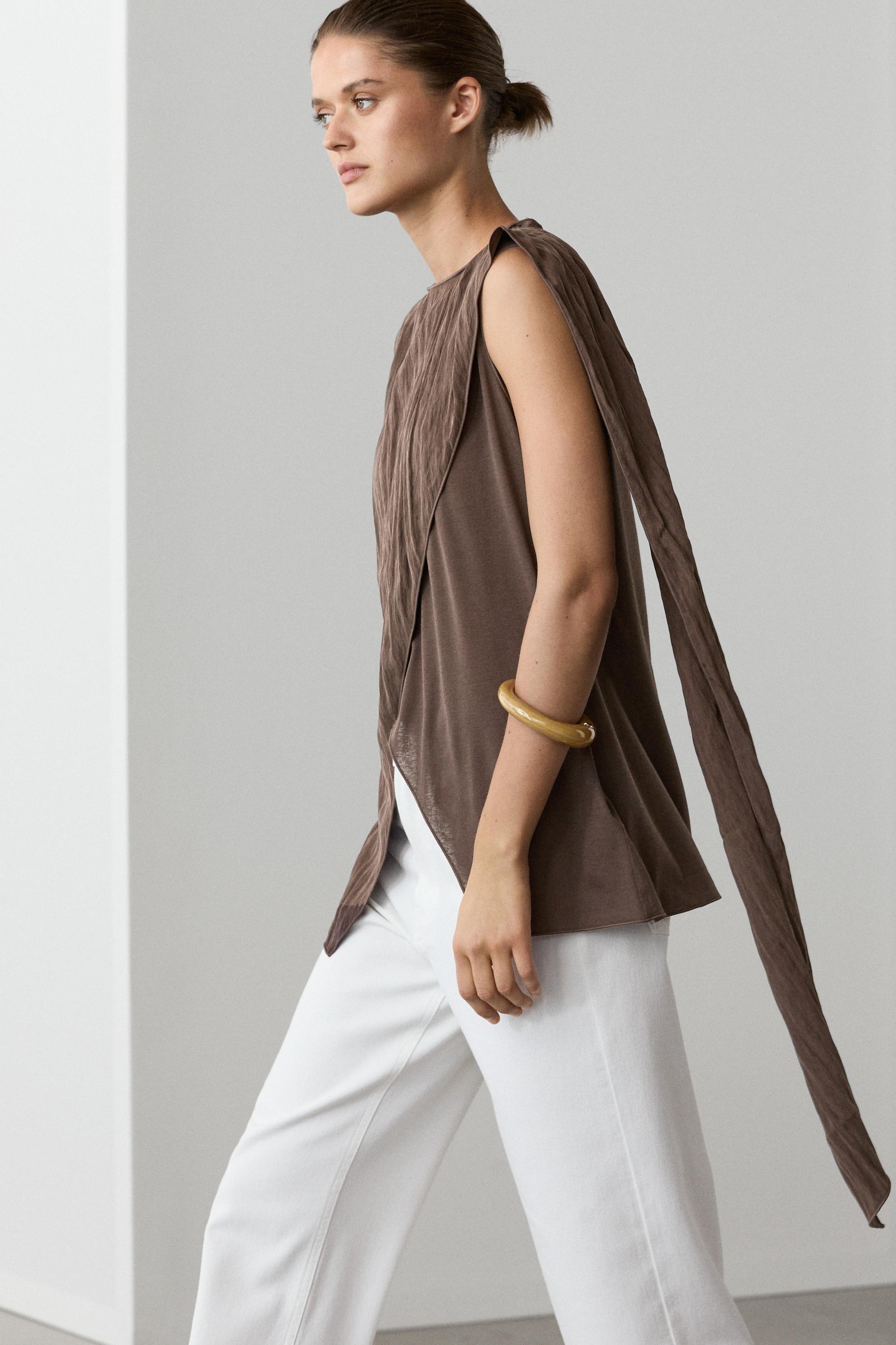 Crossover top with shoulder scarf detail — BROWN