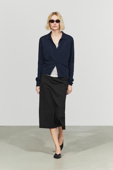100% cashmere knit polo collar cardigan — NAVY BLUE 1