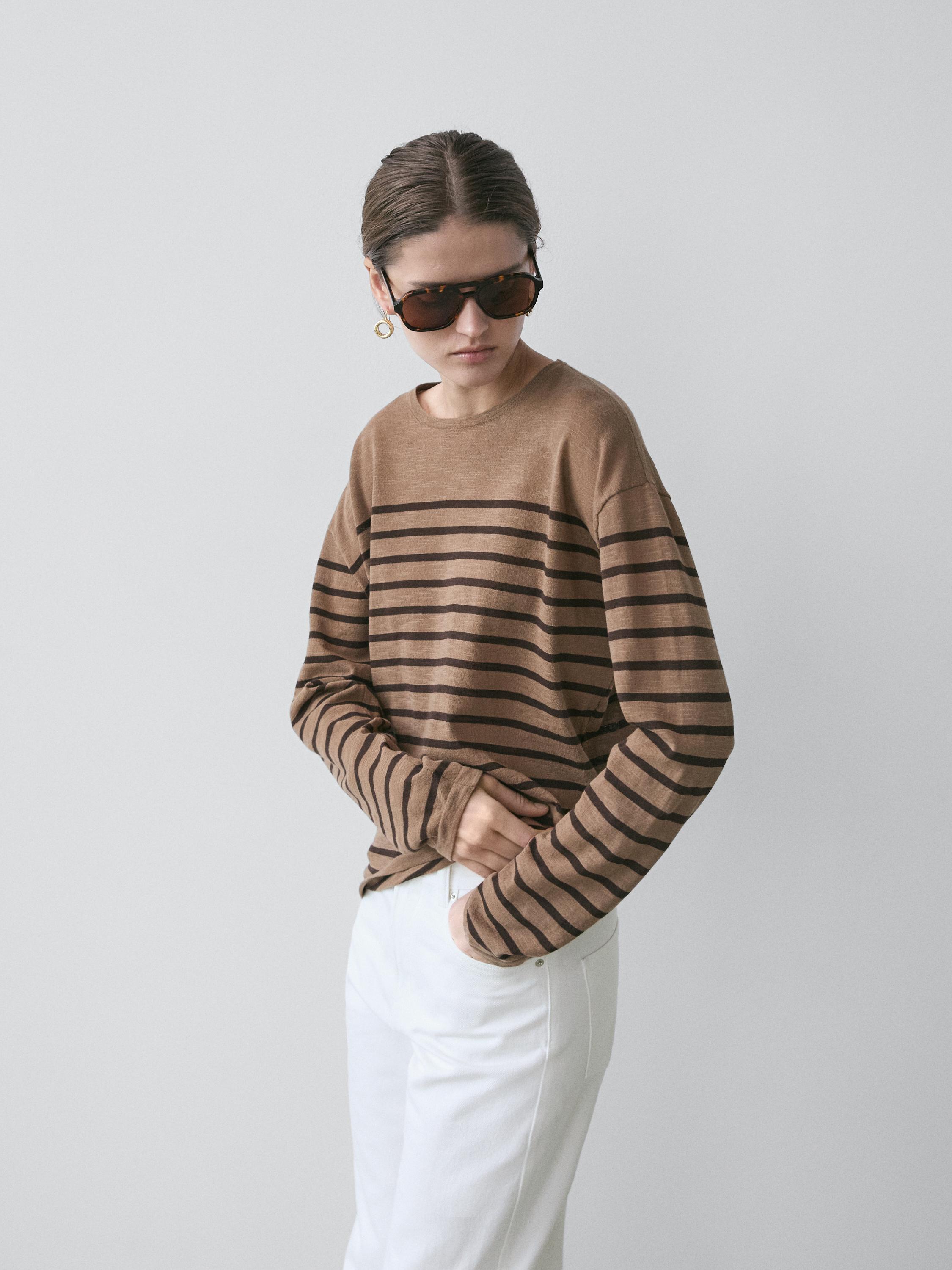 Cotton blend striped long sleeve T-shirt