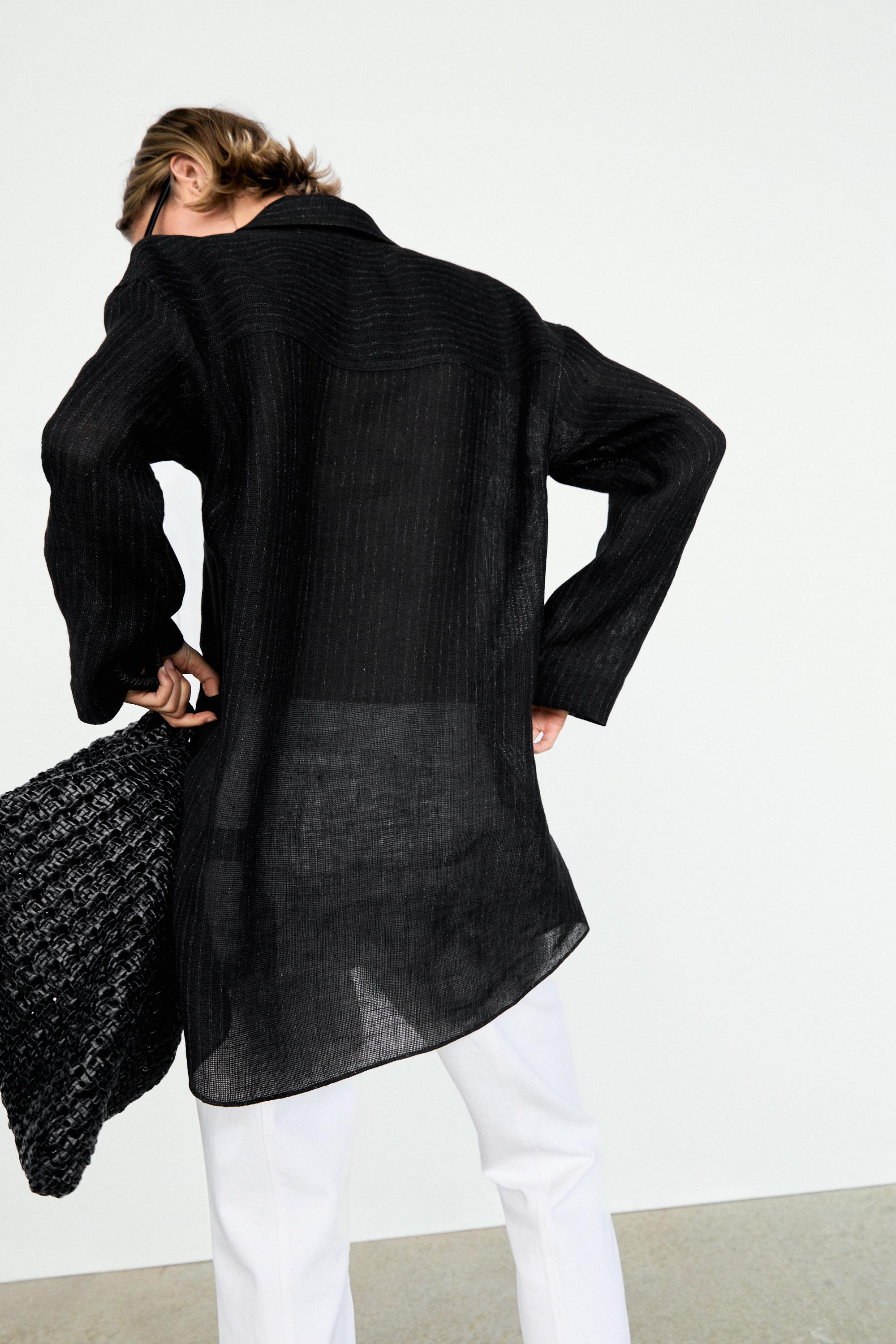 Striped linen blend oversize blouse with button detail — BLACK