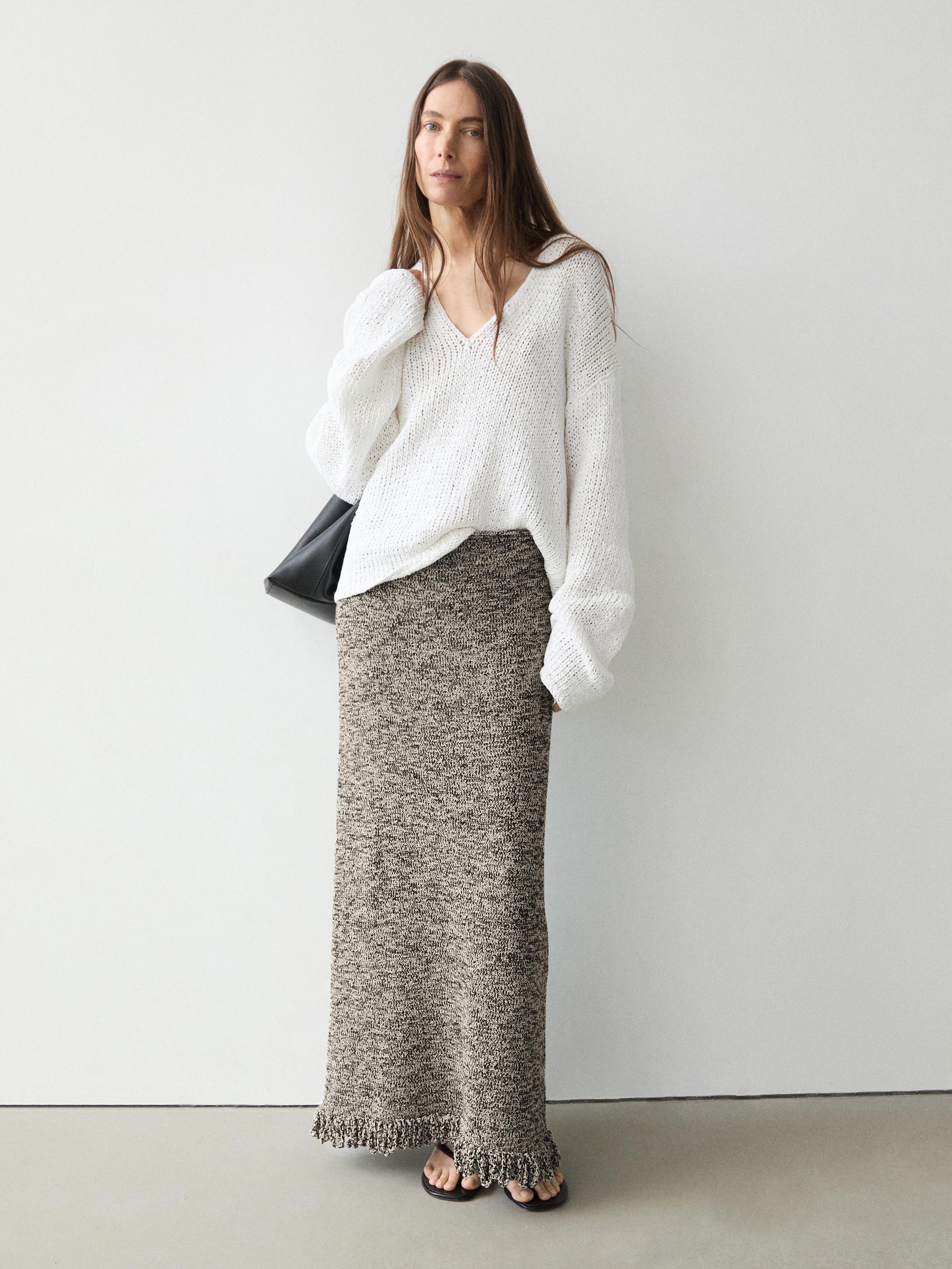 Total look knit skirt with fringing — BLACK