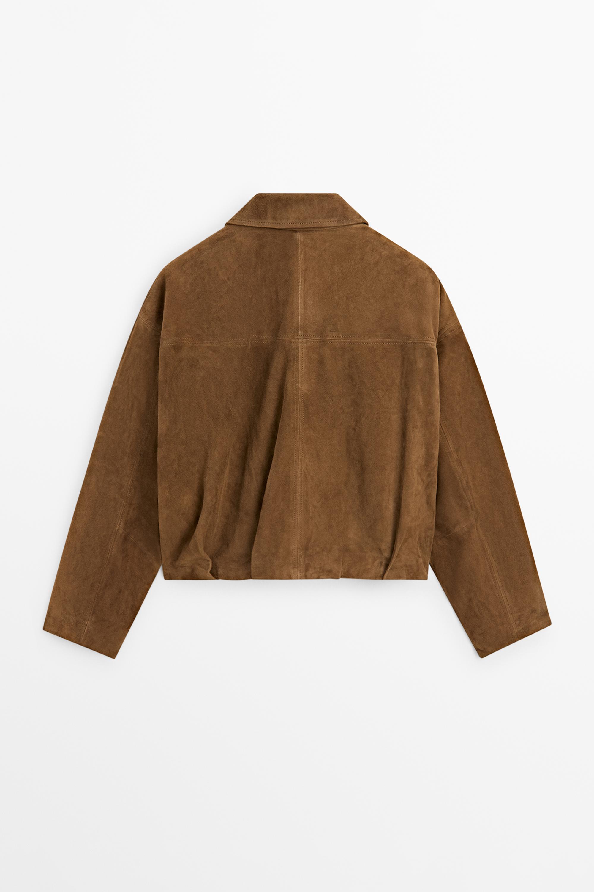 Short suede leather bomber jacket — BROWN