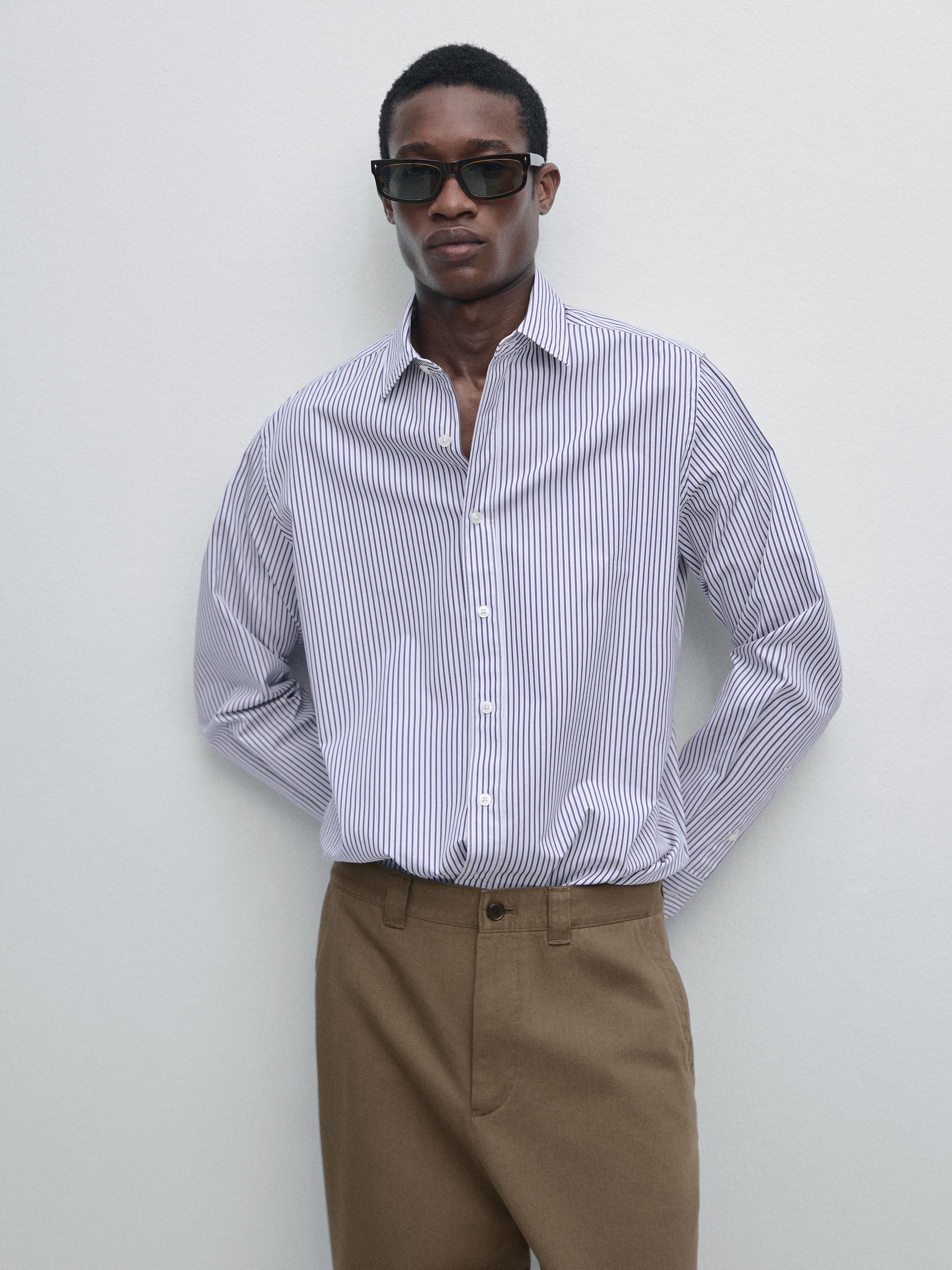 Regular fit striped 100% cotton shirt — DEEP BLUE