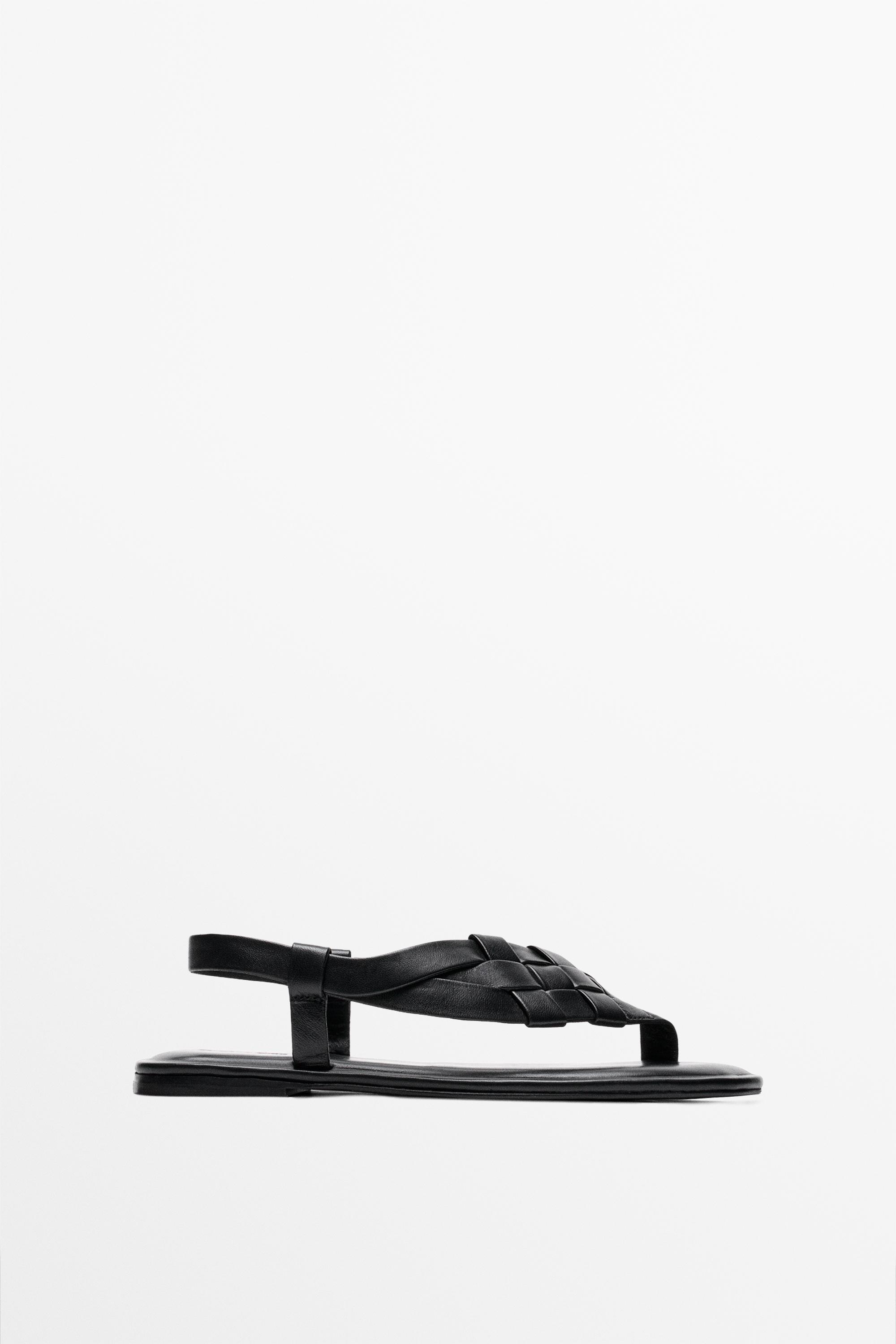 Flat woven leather sandals — BLACK