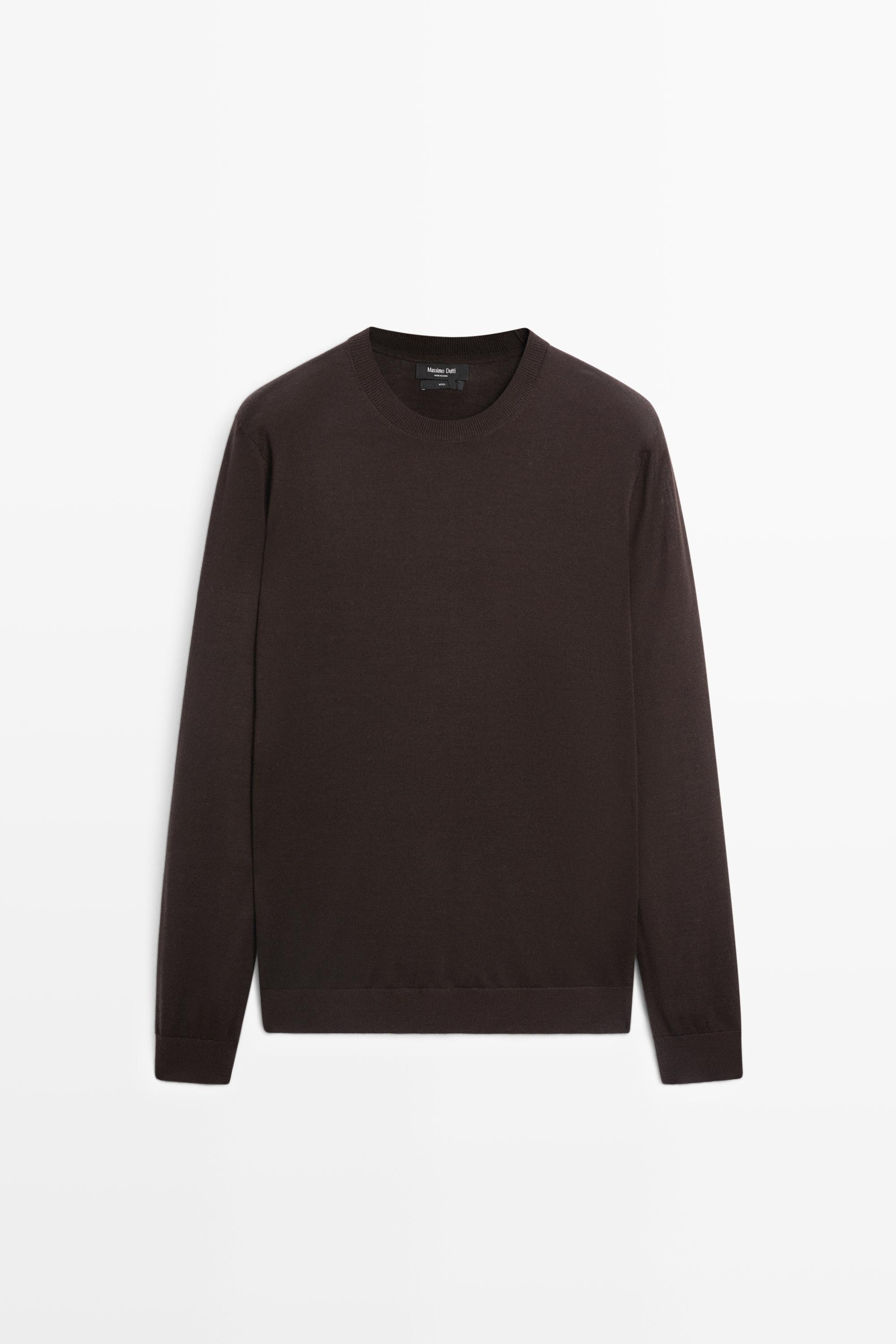 100% merino wool knit round neck sweater — BROWN