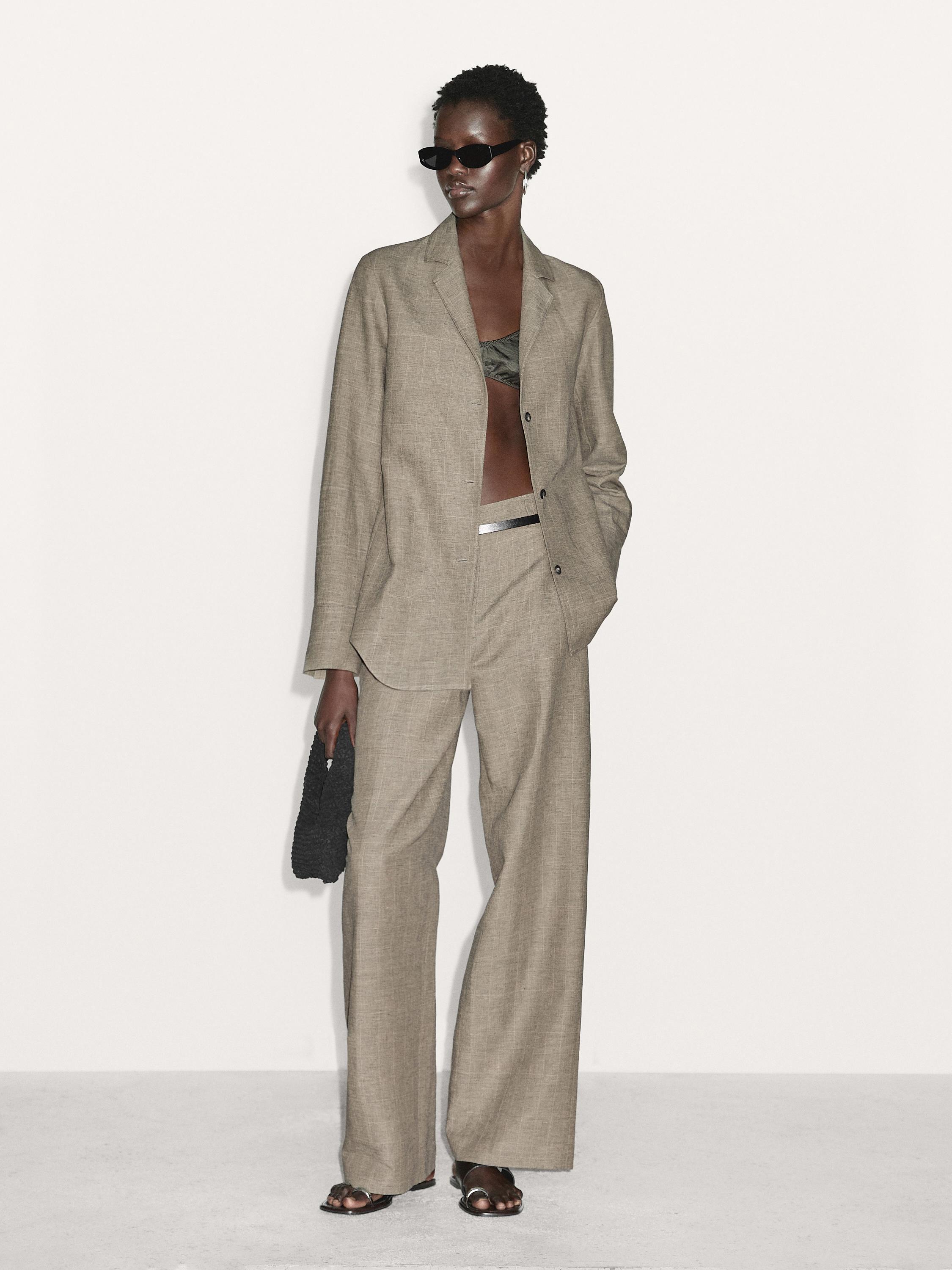 Check cotton blend straight-leg trousers