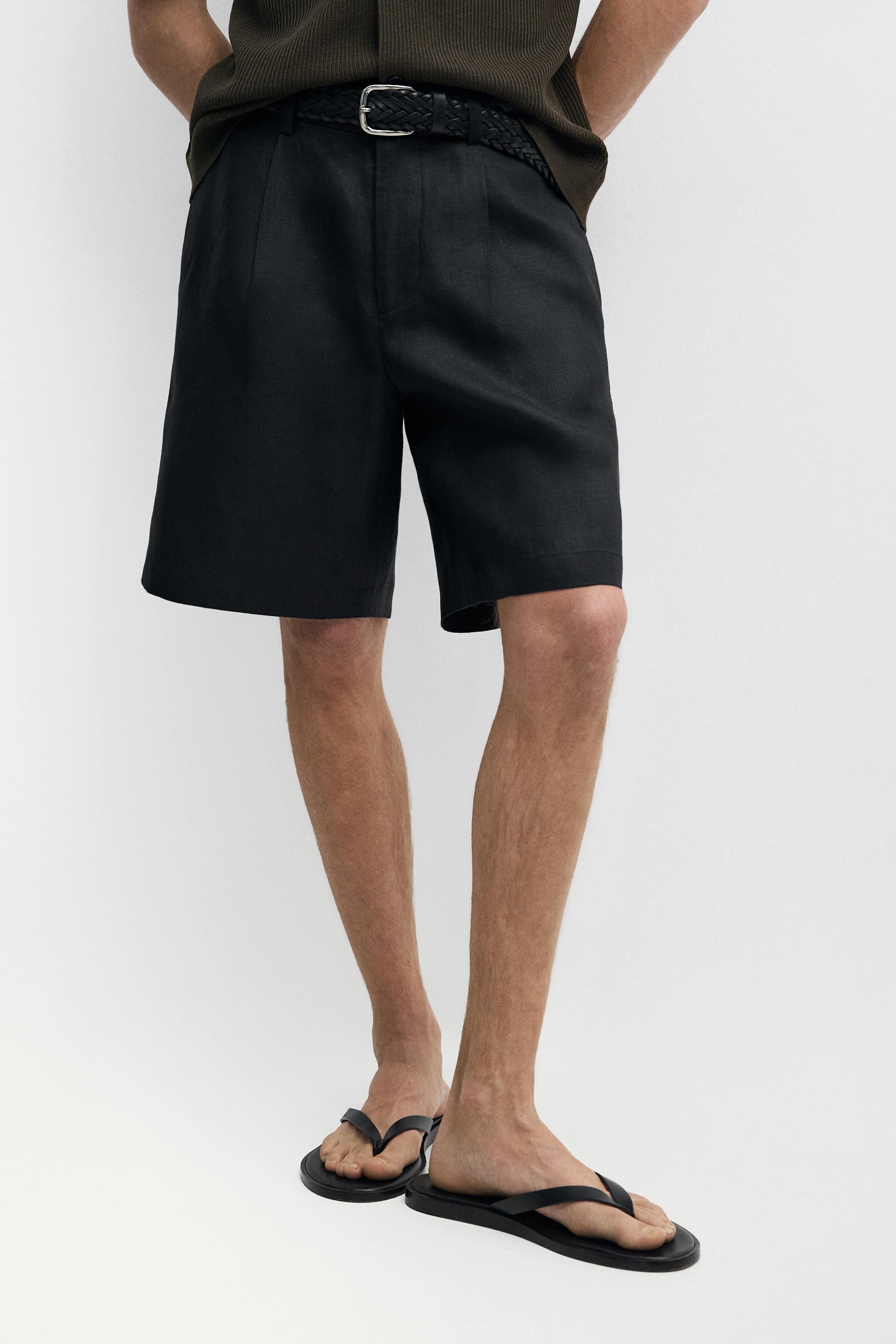 Linen Bermuda shorts with darts — BLACK