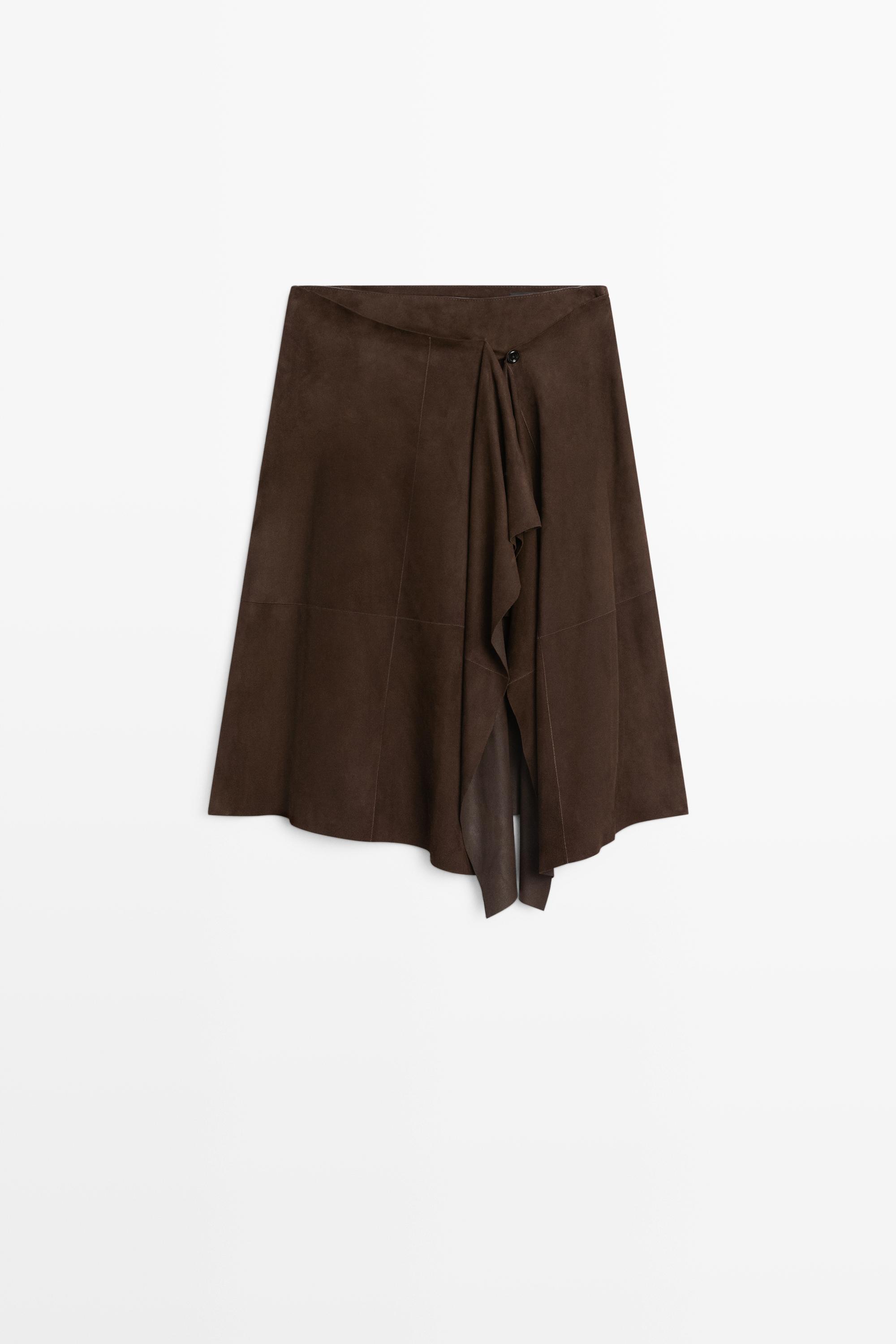 Suede leather midi skirt with ruffle detail — BROWN