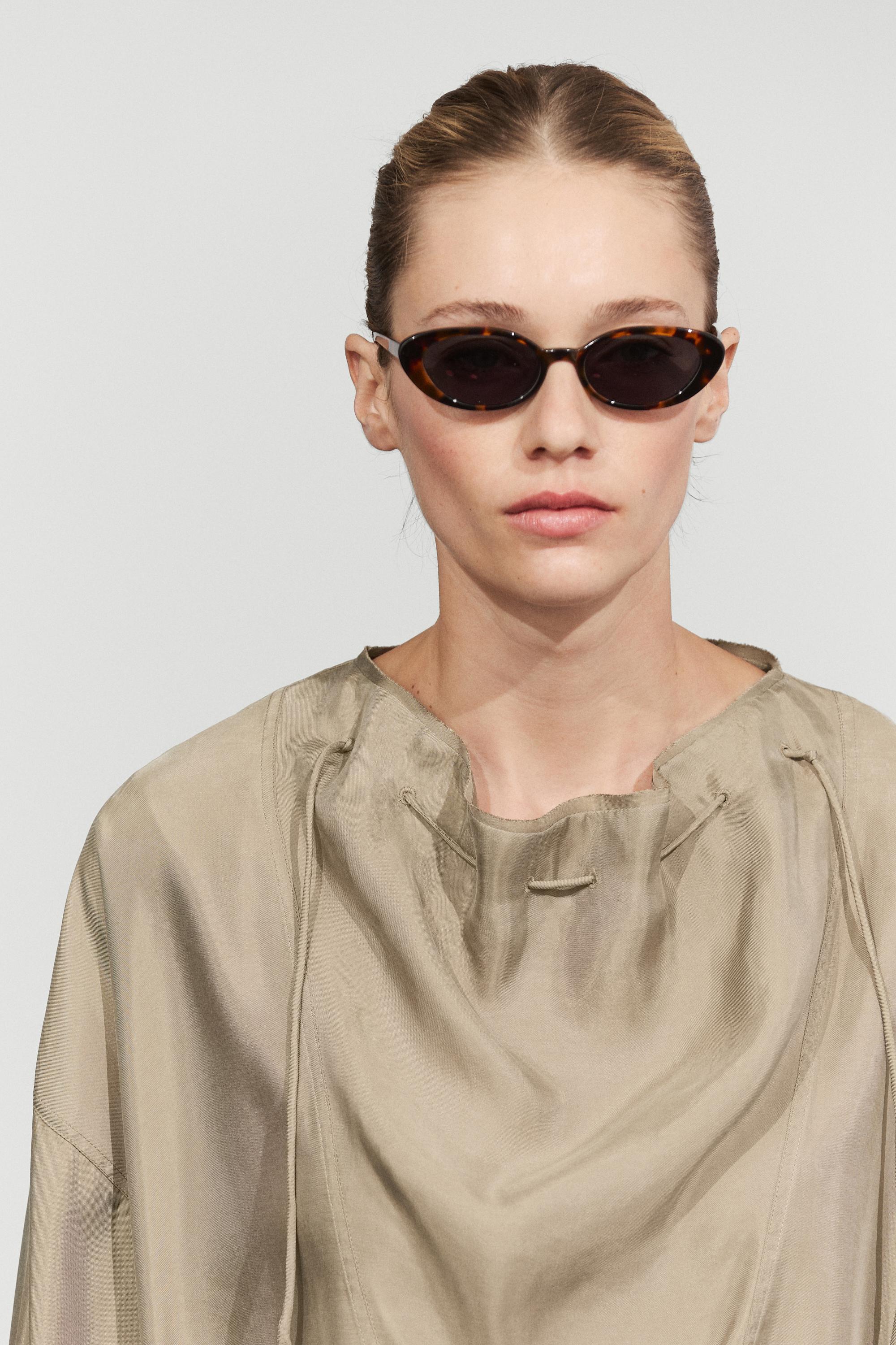 Flowing blouse with drawstring neck detail — STONE