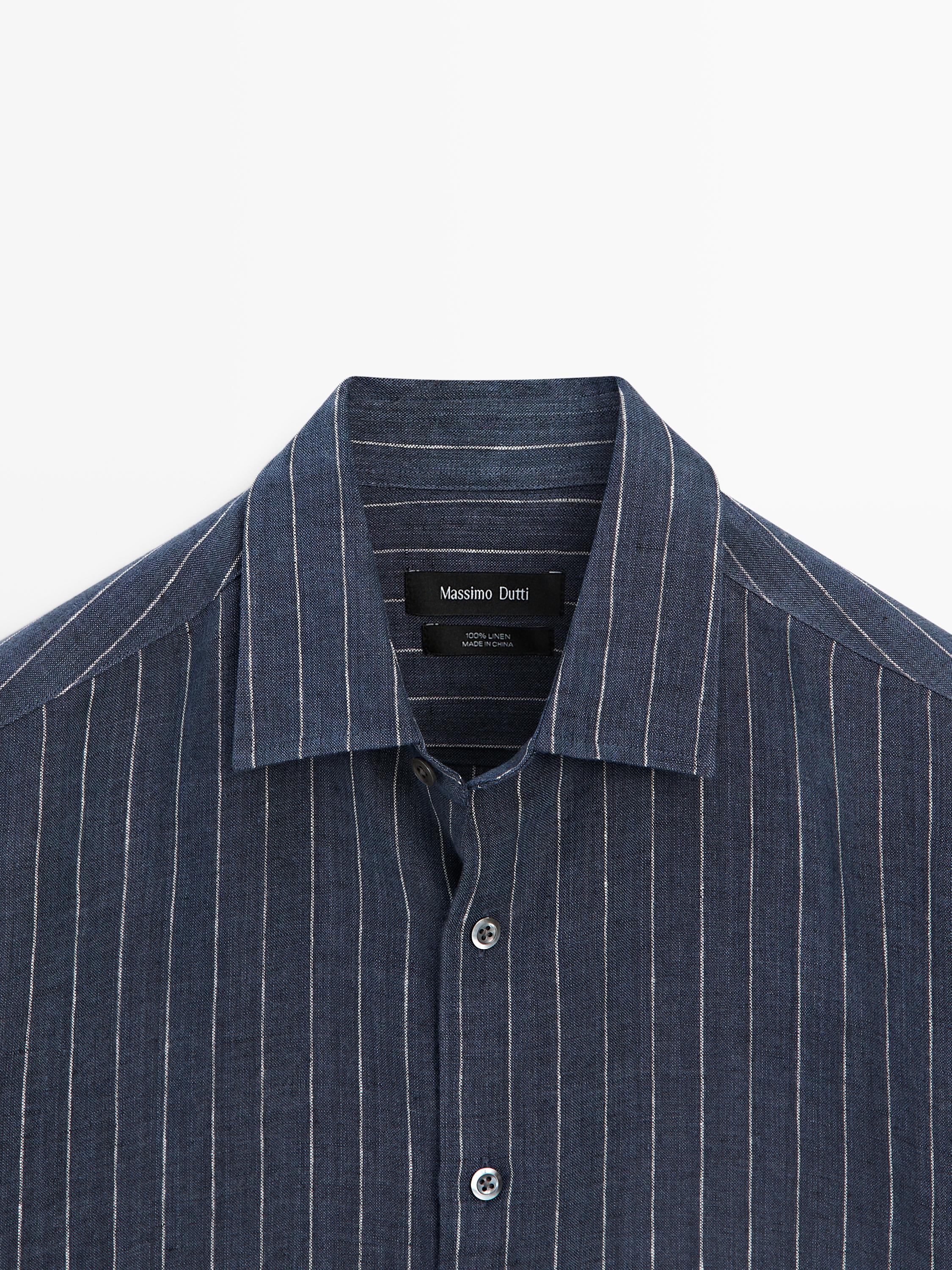 Regular fit 100% linen striped shirt — FADED BLUE