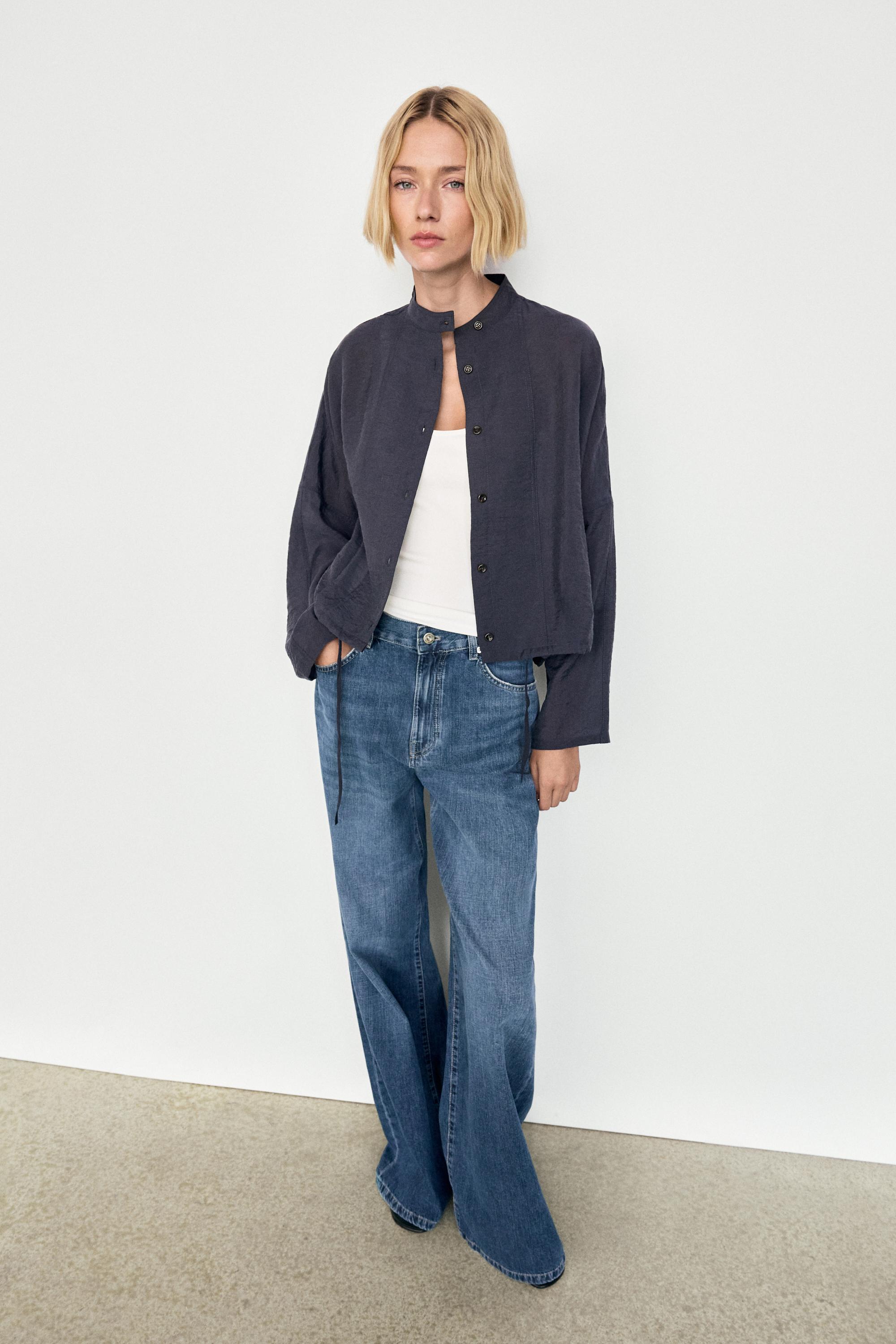 Stand collar bomber jacket with button details — MEDIUM BLUE
