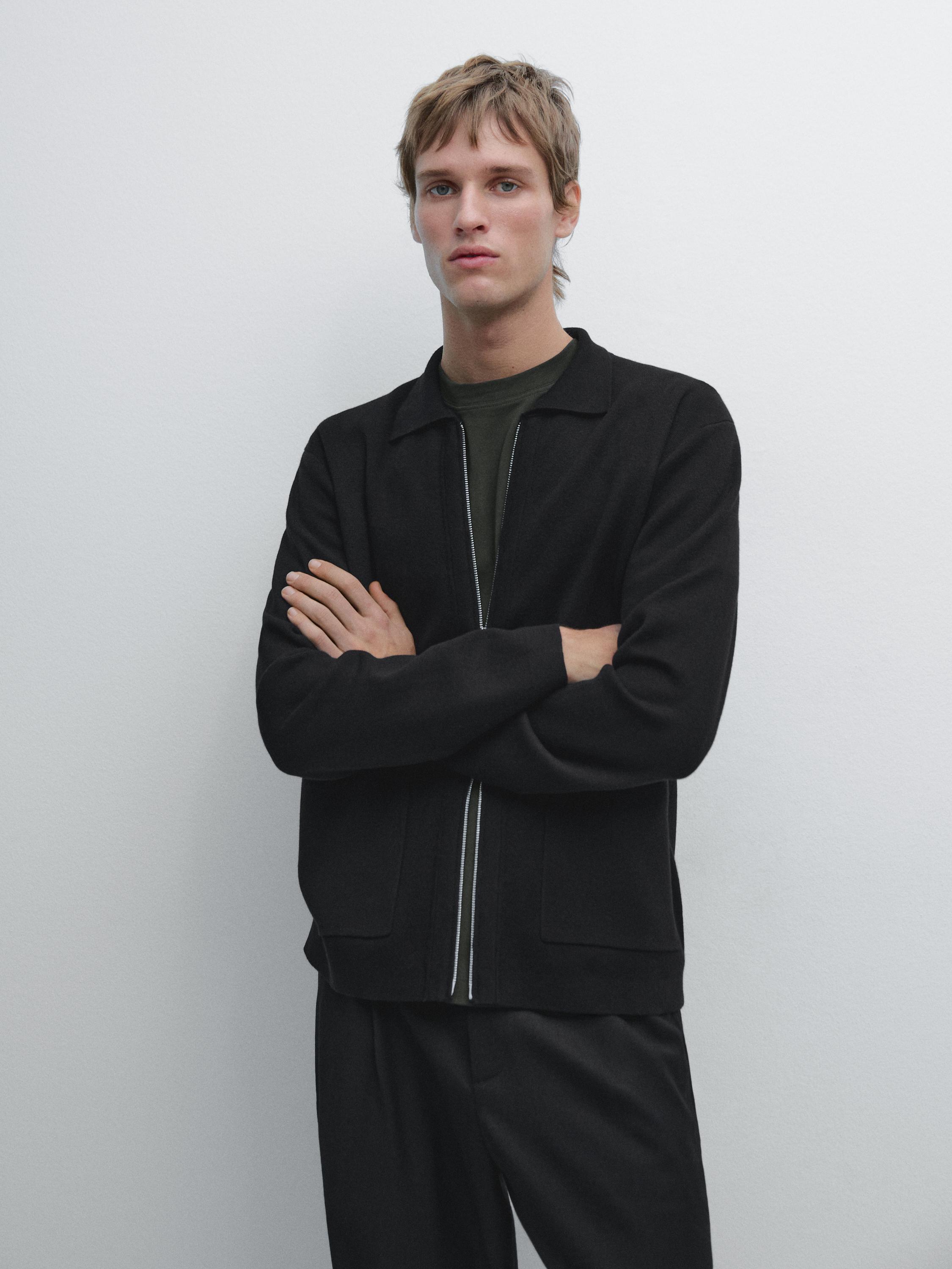 Zip-up knit cotton and wool blend cardigan with pockets