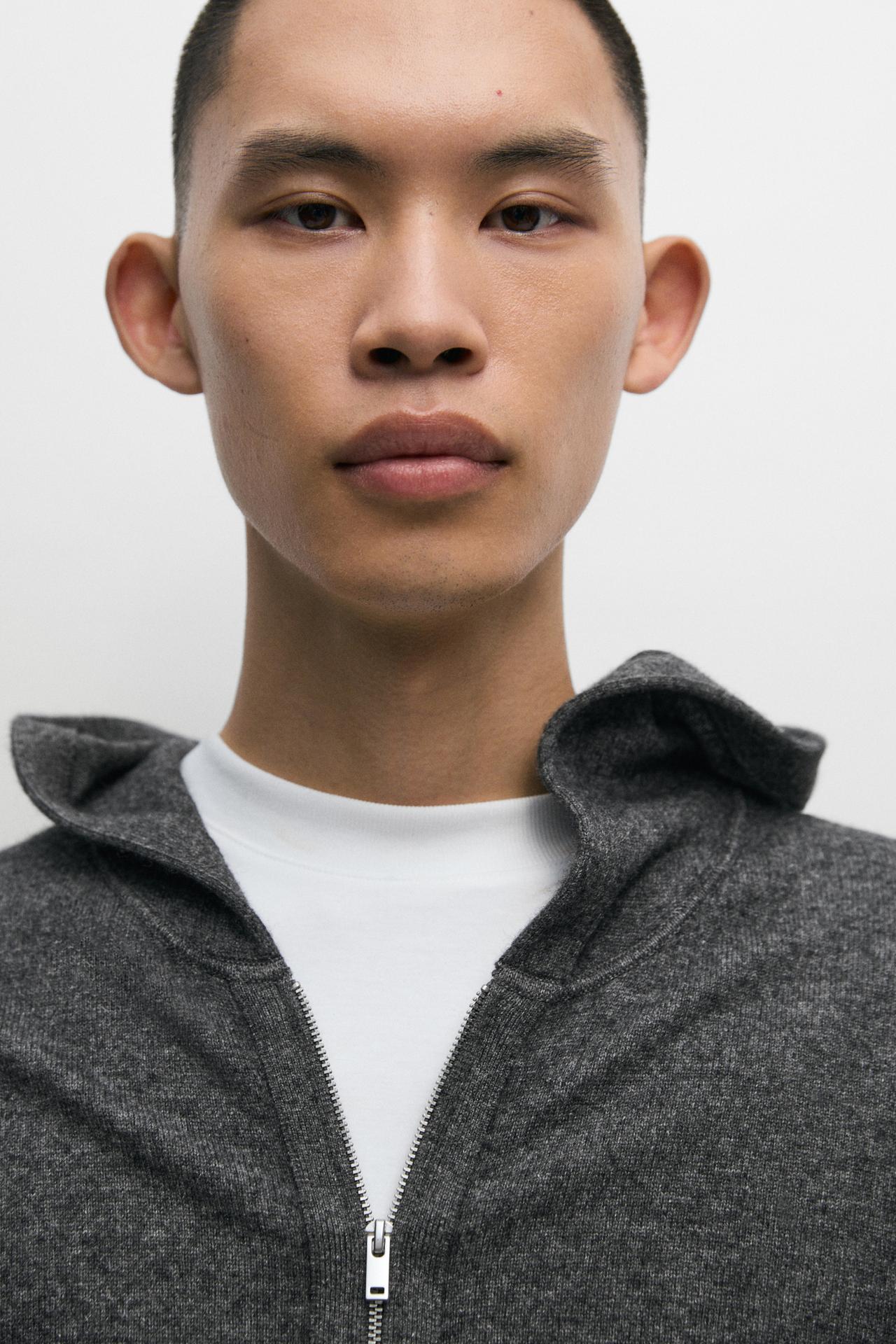 Wool-blend knit hooded cardigan — Medium Grey
