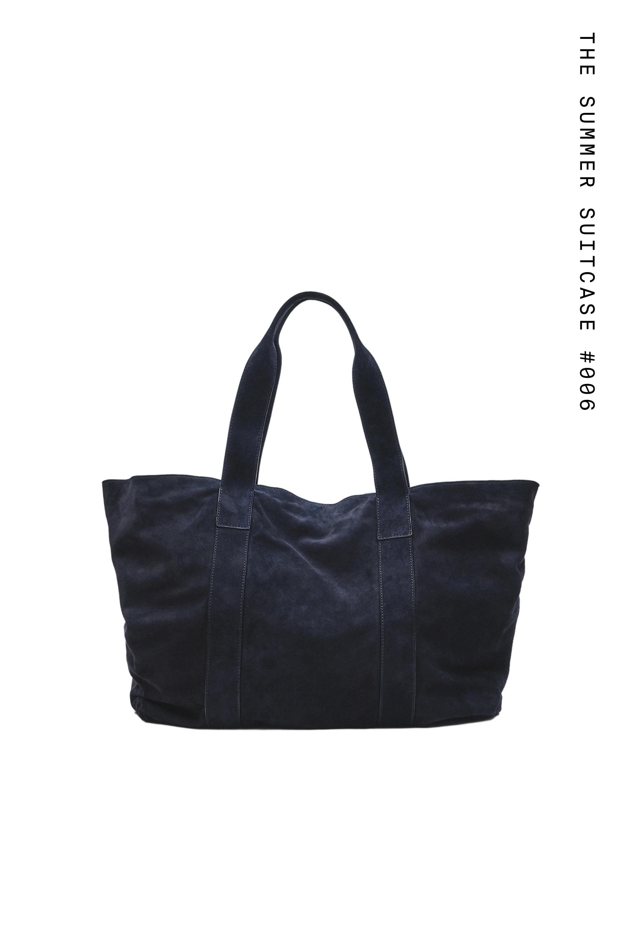 Split suede leather tote bag — NAVY BLUE