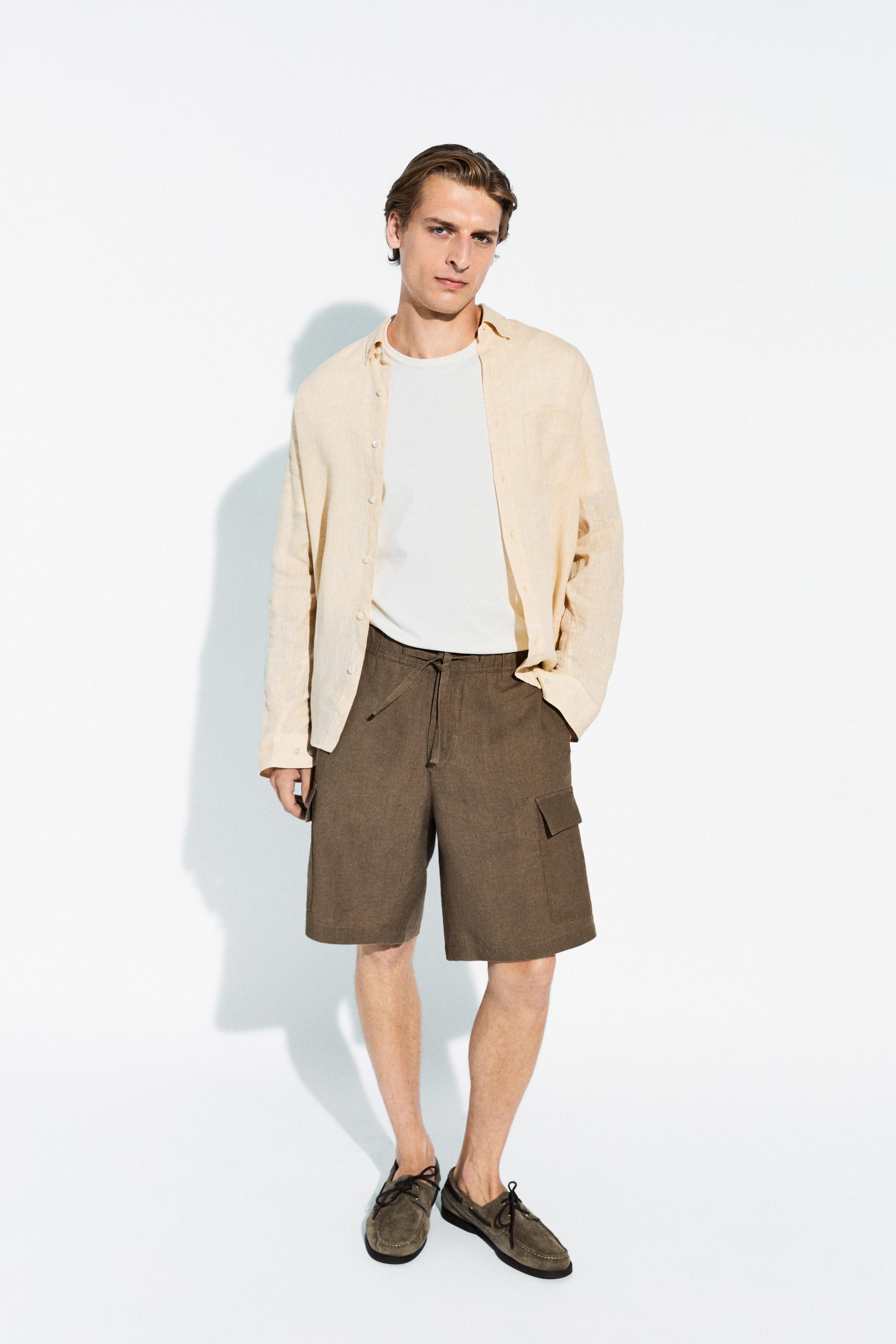 100% linen cargo Bermuda shorts — KHAKI