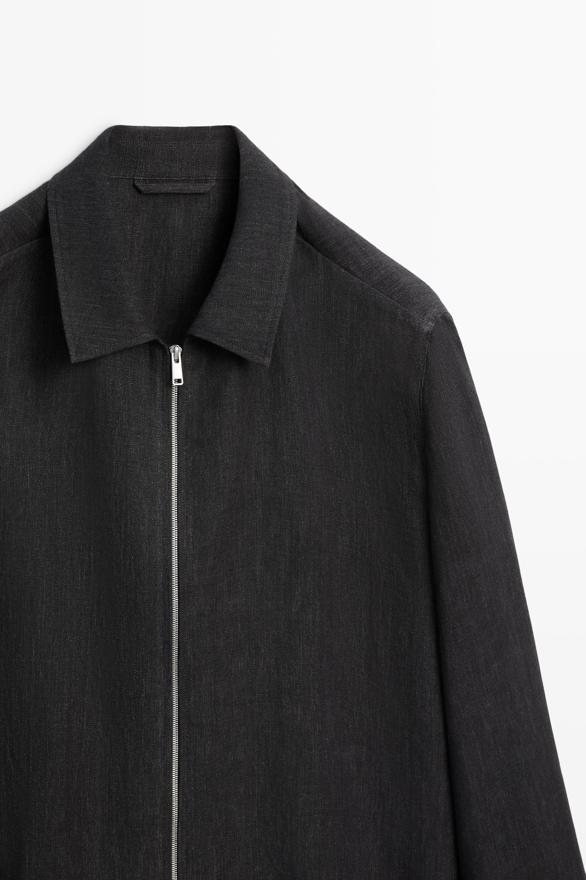 Linen total look zip-up jacket — GREY BLUE
