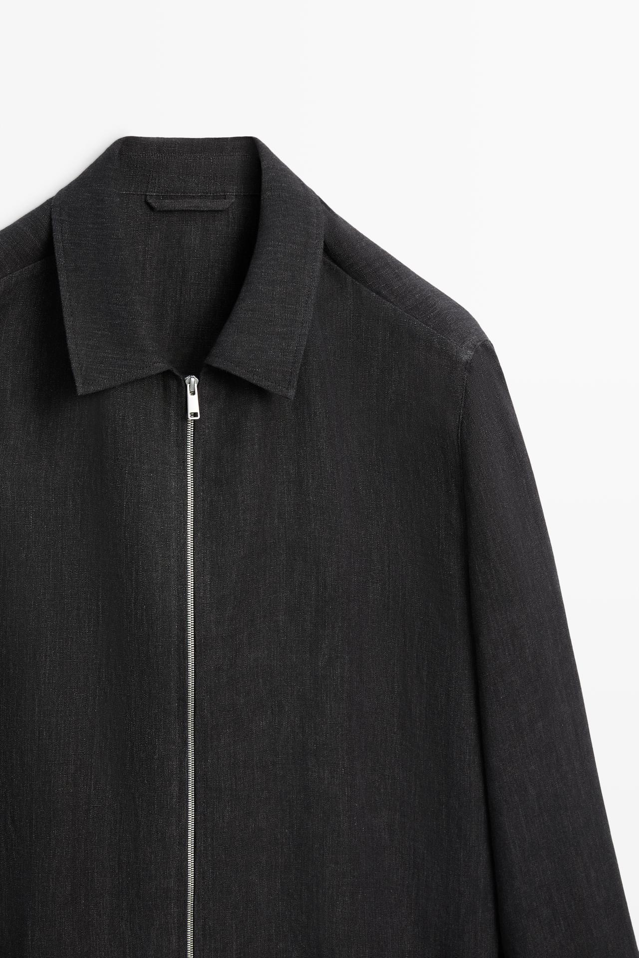Linen total look zip-up jacket — GREY BLUE