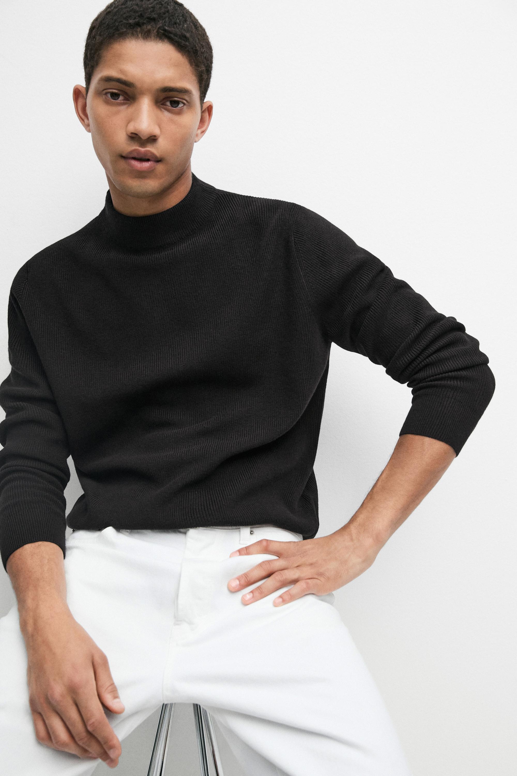Cotton blend knit sweater with mock turtleneck — BLACK