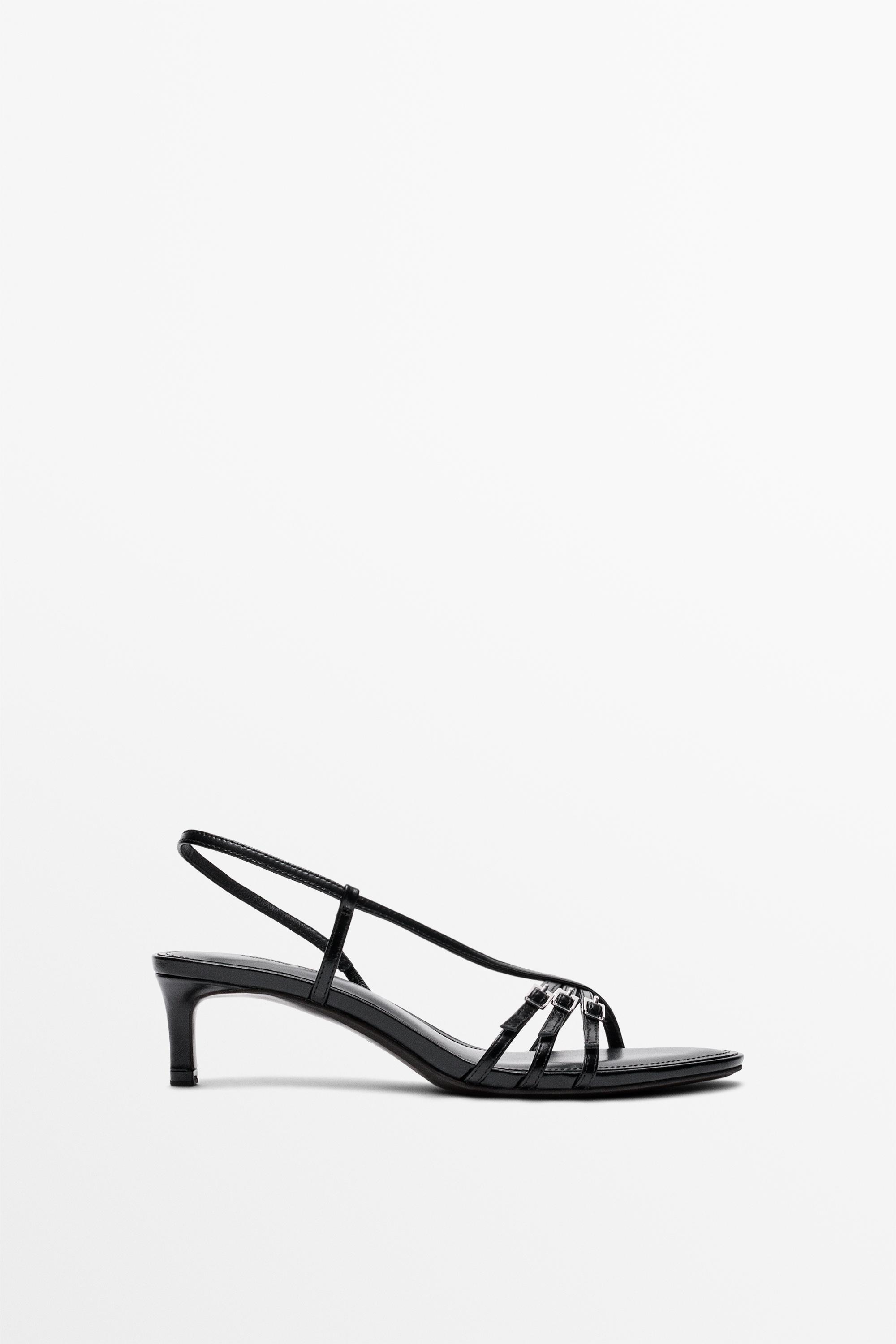 Leather heeled sandals with buckles — BLACK