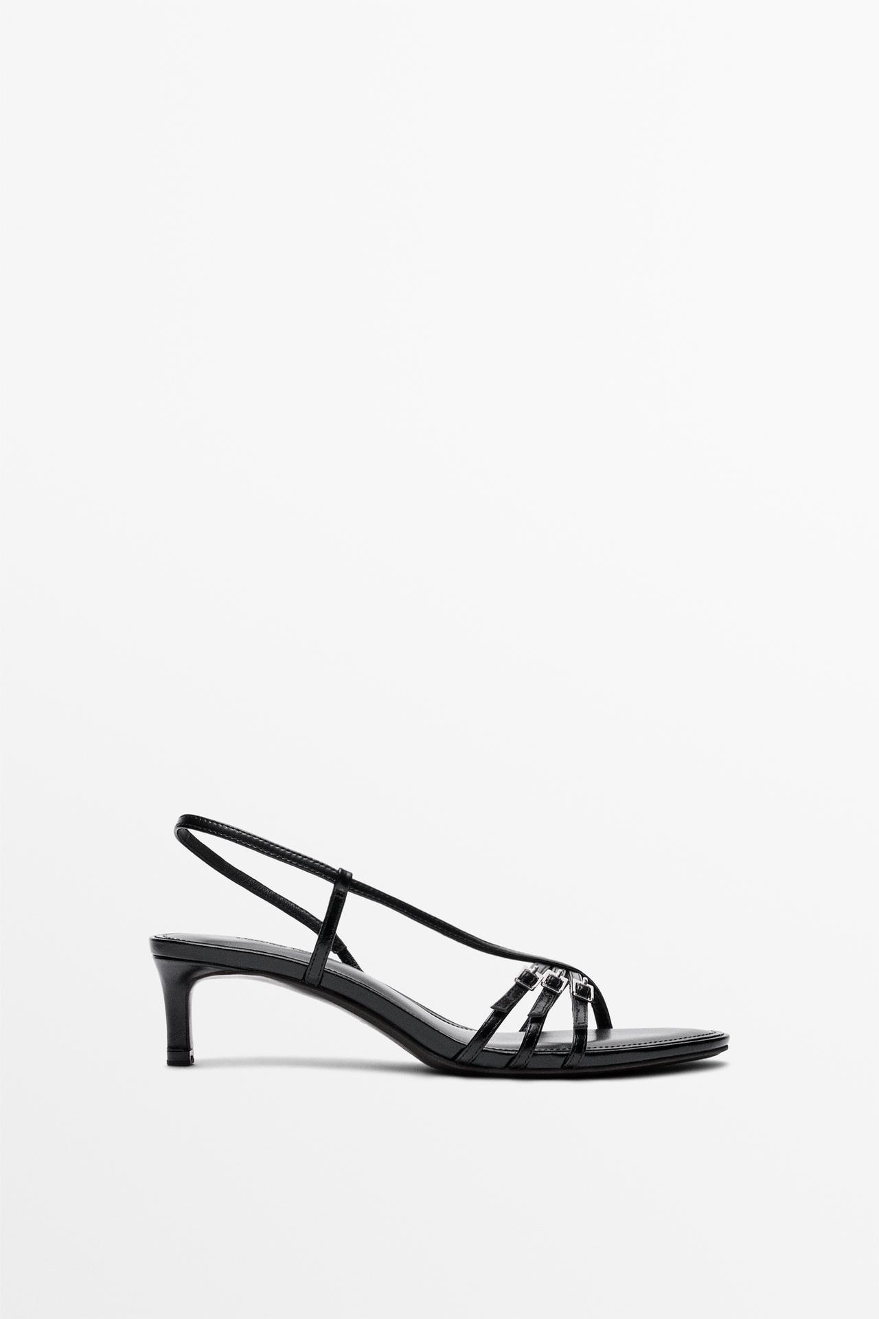 Leather heeled sandals with buckles — BLACK