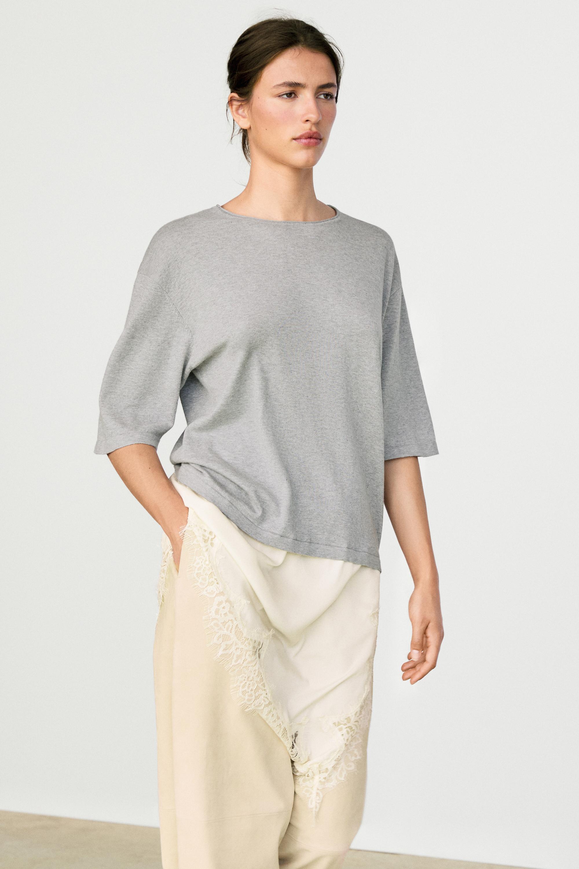 Sweater with contrast lace detail — MEDIUM GREY