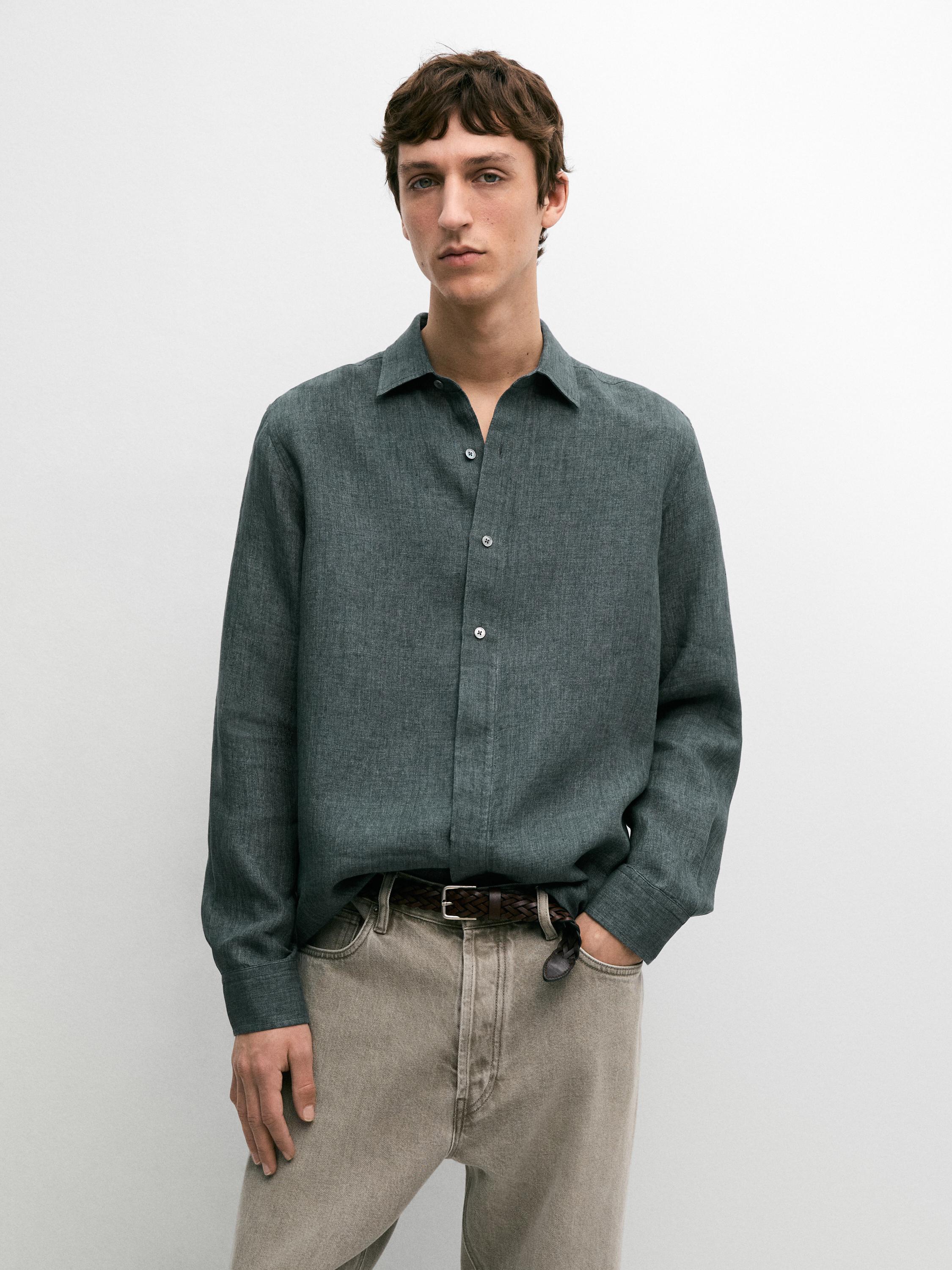 Regular fit linen shirt with placket — DARK BLUE