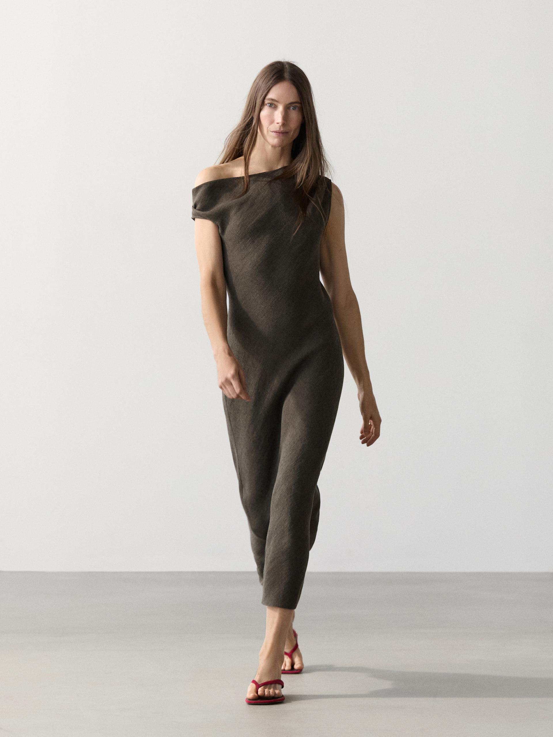 Robe Midi 100 % Lin Détail Épaule - Gris - L - Massimo Dutti - Femme