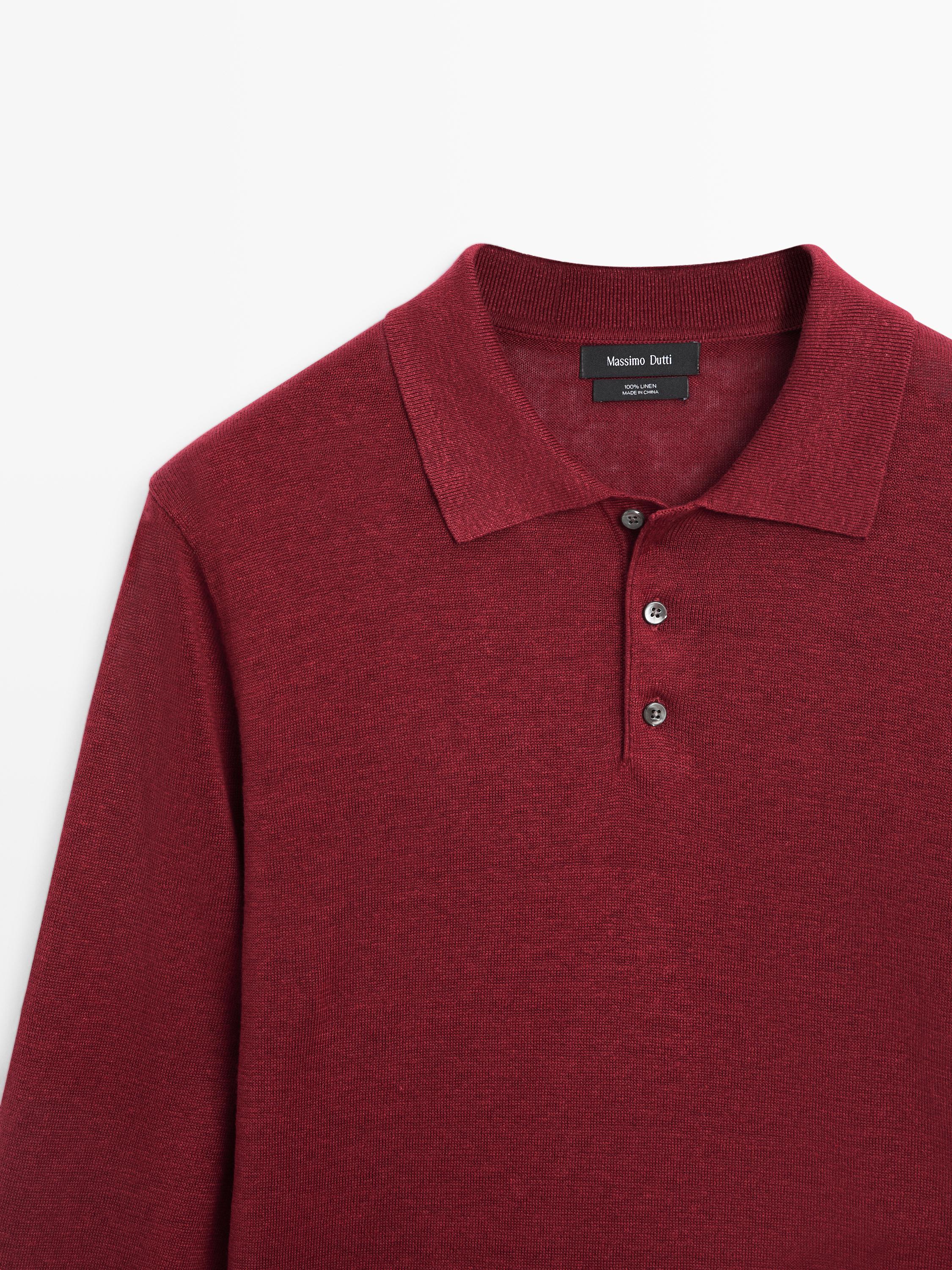 100% linen knit polo collar sweater — Wine Red