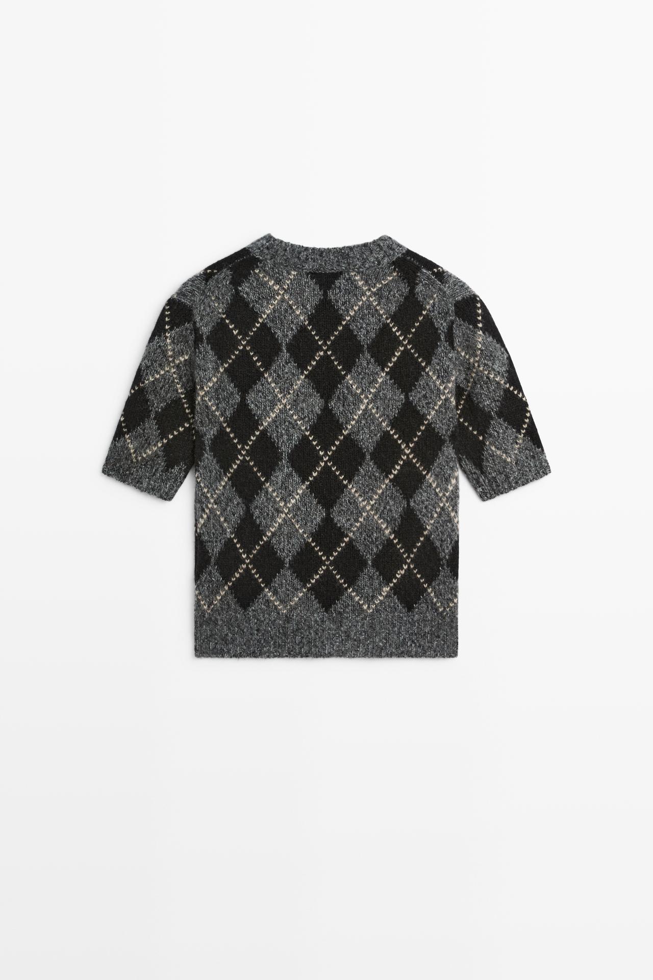 Cashmere-blend short sleeve argyle knit sweater — GREY
