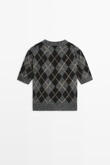 Cashmere-blend short sleeve argyle knit sweater — GREY 6