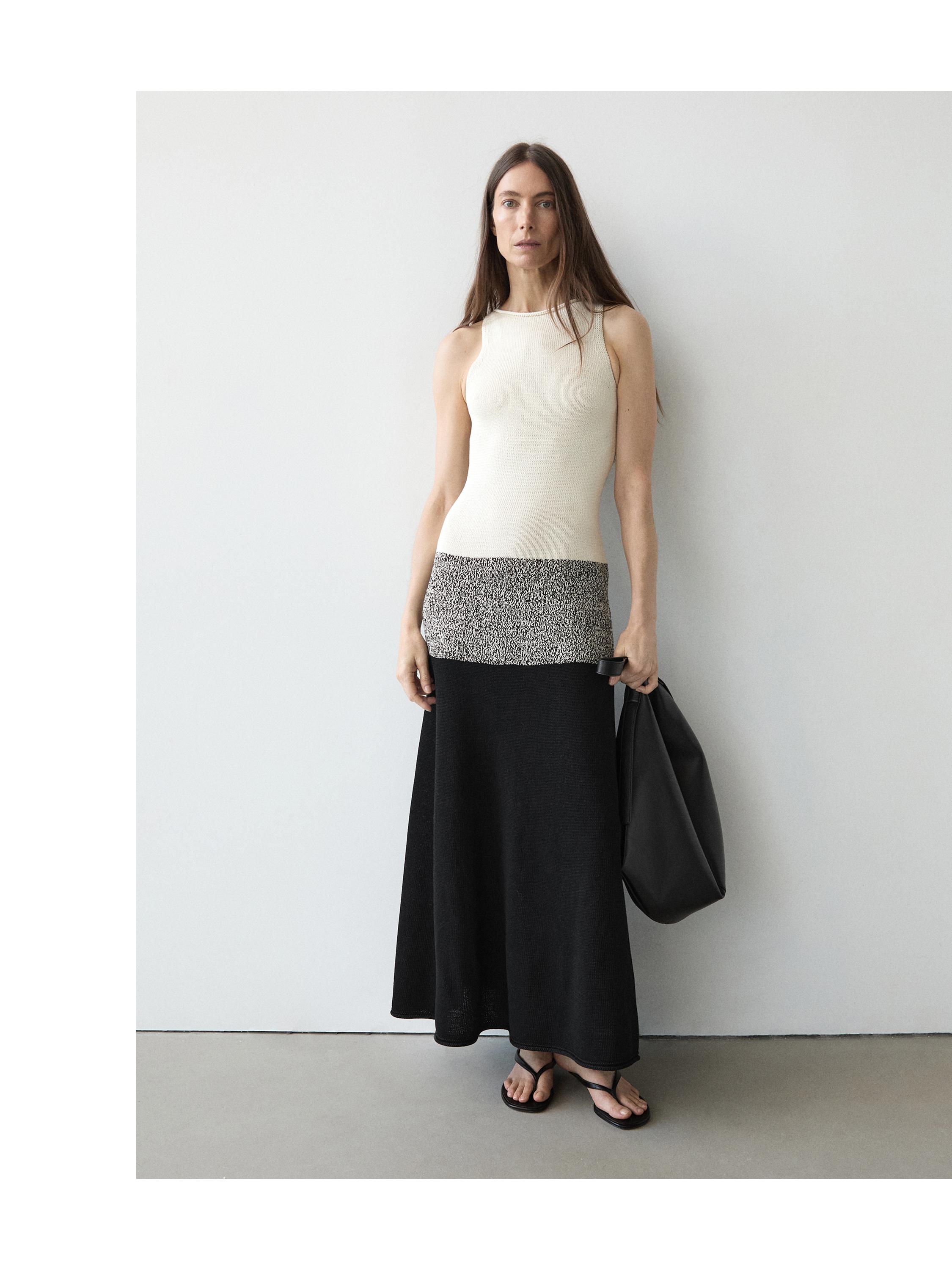 100% cotton contrast knit midi dress — BLACK