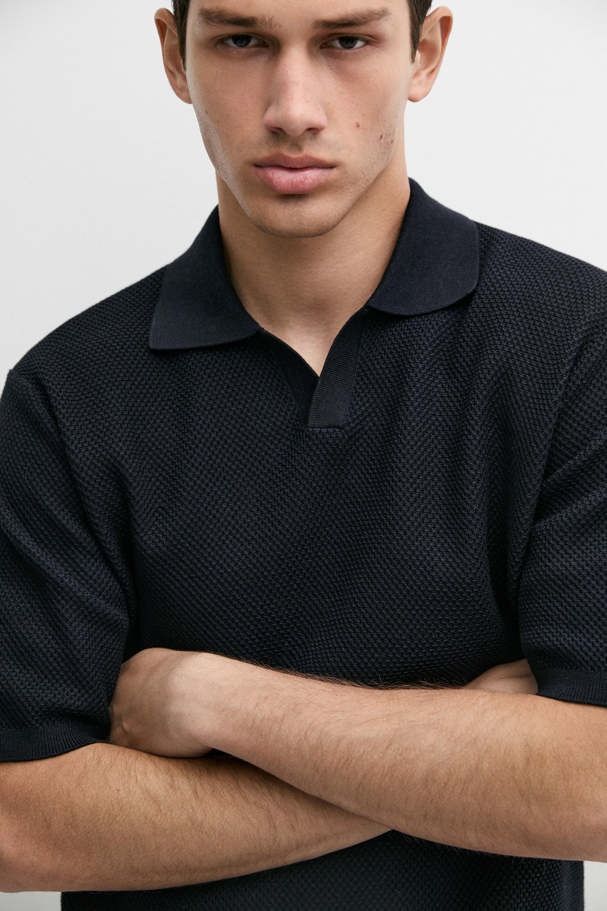 Cotton blend knit V-neck polo shirt — NAVY BLUE