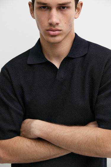 Cotton blend knit V-neck polo shirt — NAVY BLUE 8