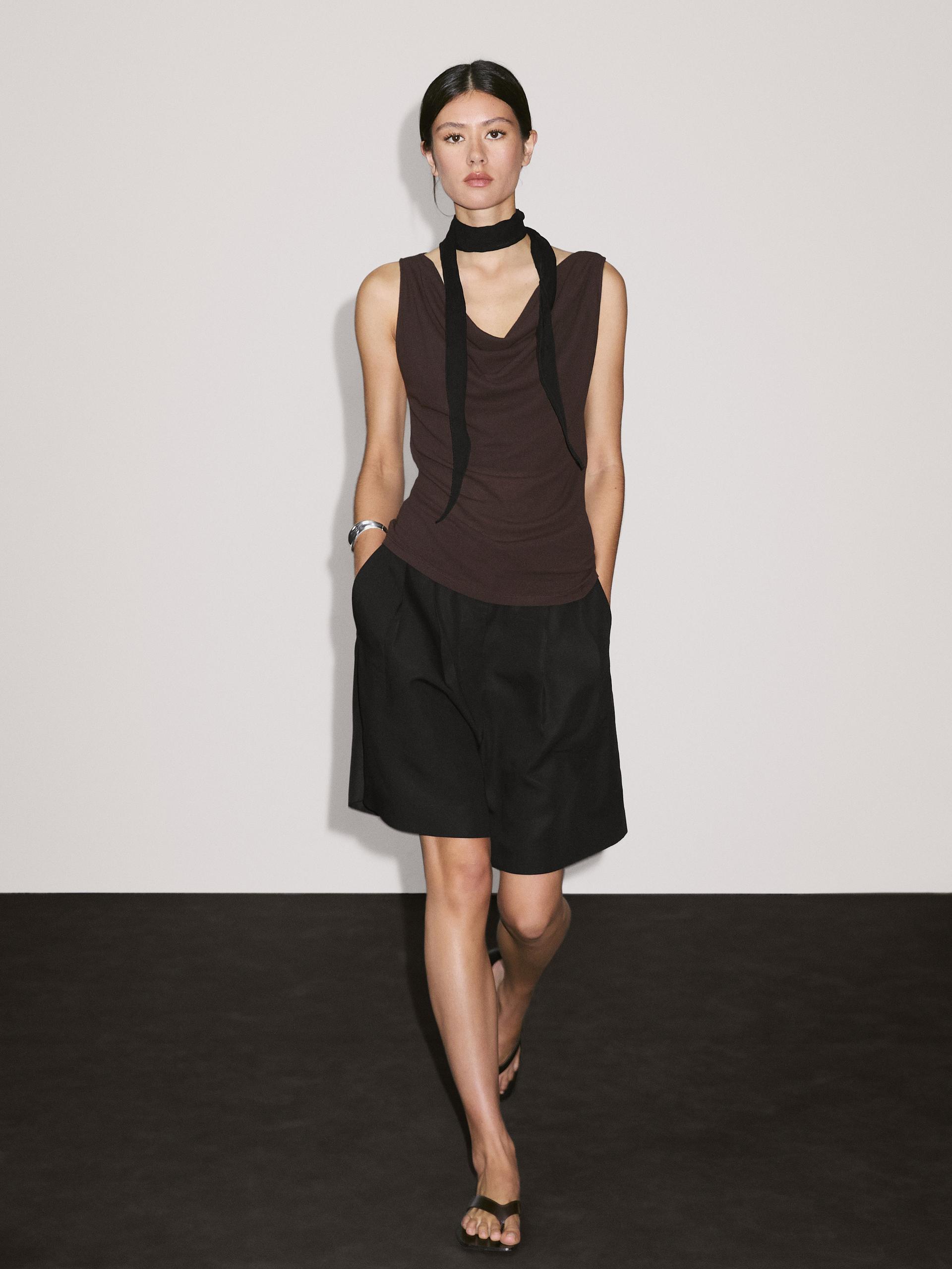 Top Escote Drapeado 100% Algodón - Marrón - Xs - Massimo Dutti - Mujer