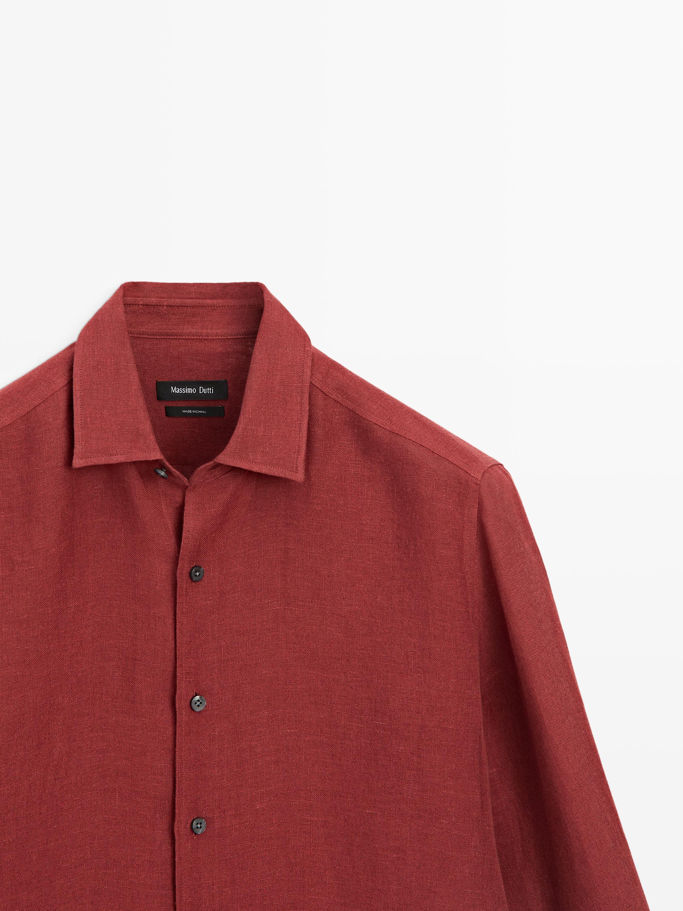 Textured 100% linen regular fit shirt — RED
